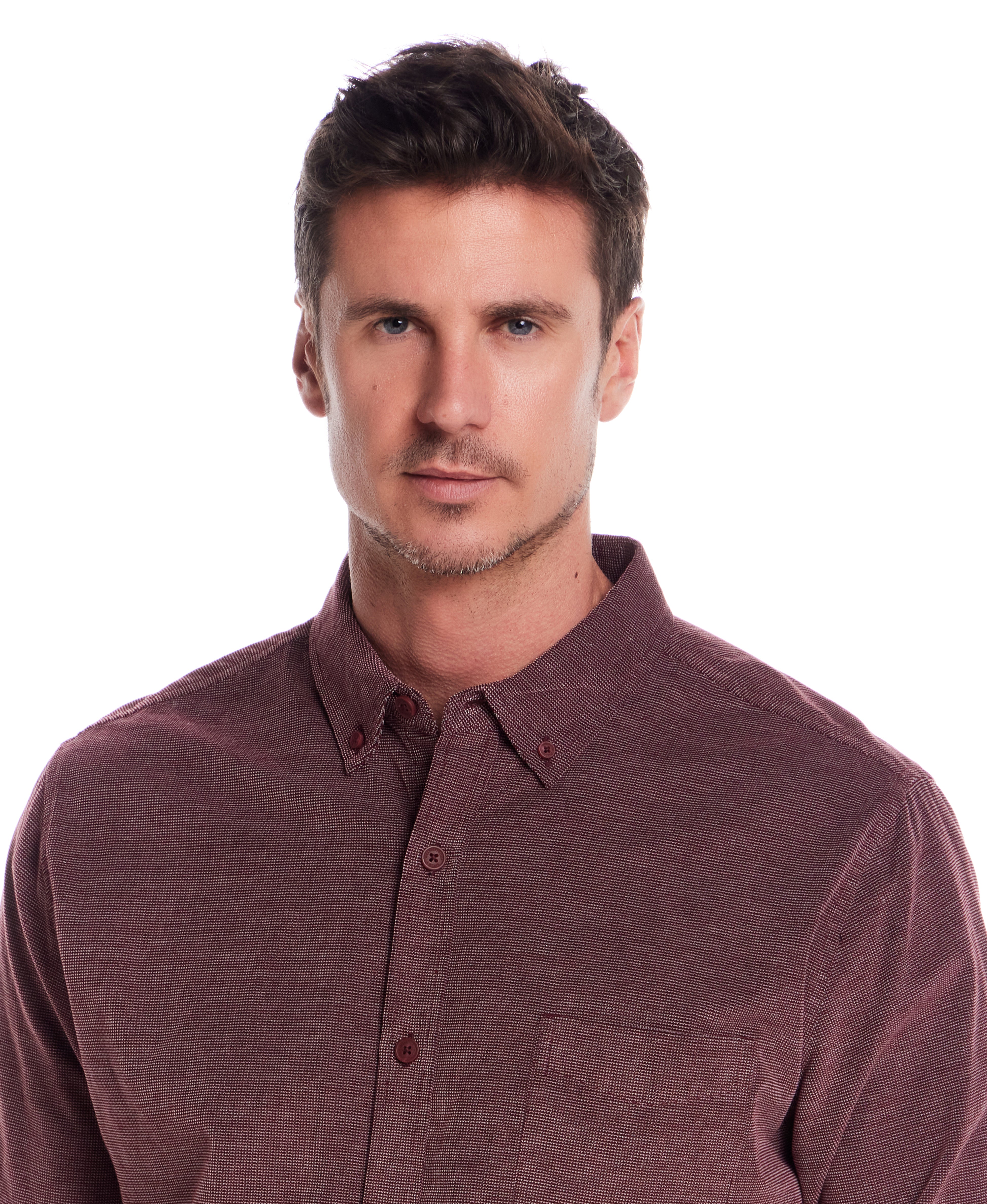 Long Sleeve Pebble Corduroy Shirt in Syrah worn by a model, featuring a button-down collar and single chest pocket.