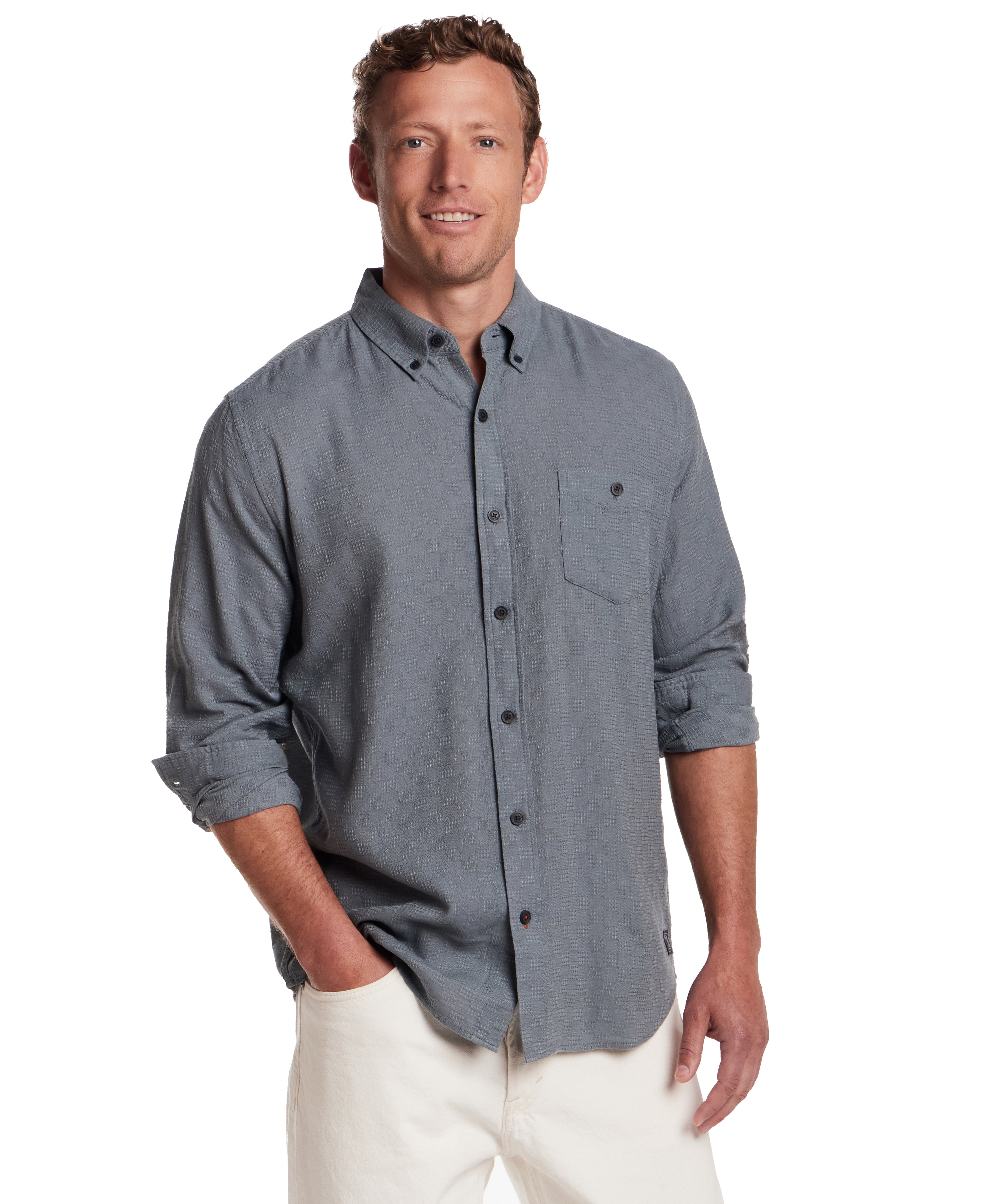 Long Sleeve Textured Dobby Shirt in Storm Blue