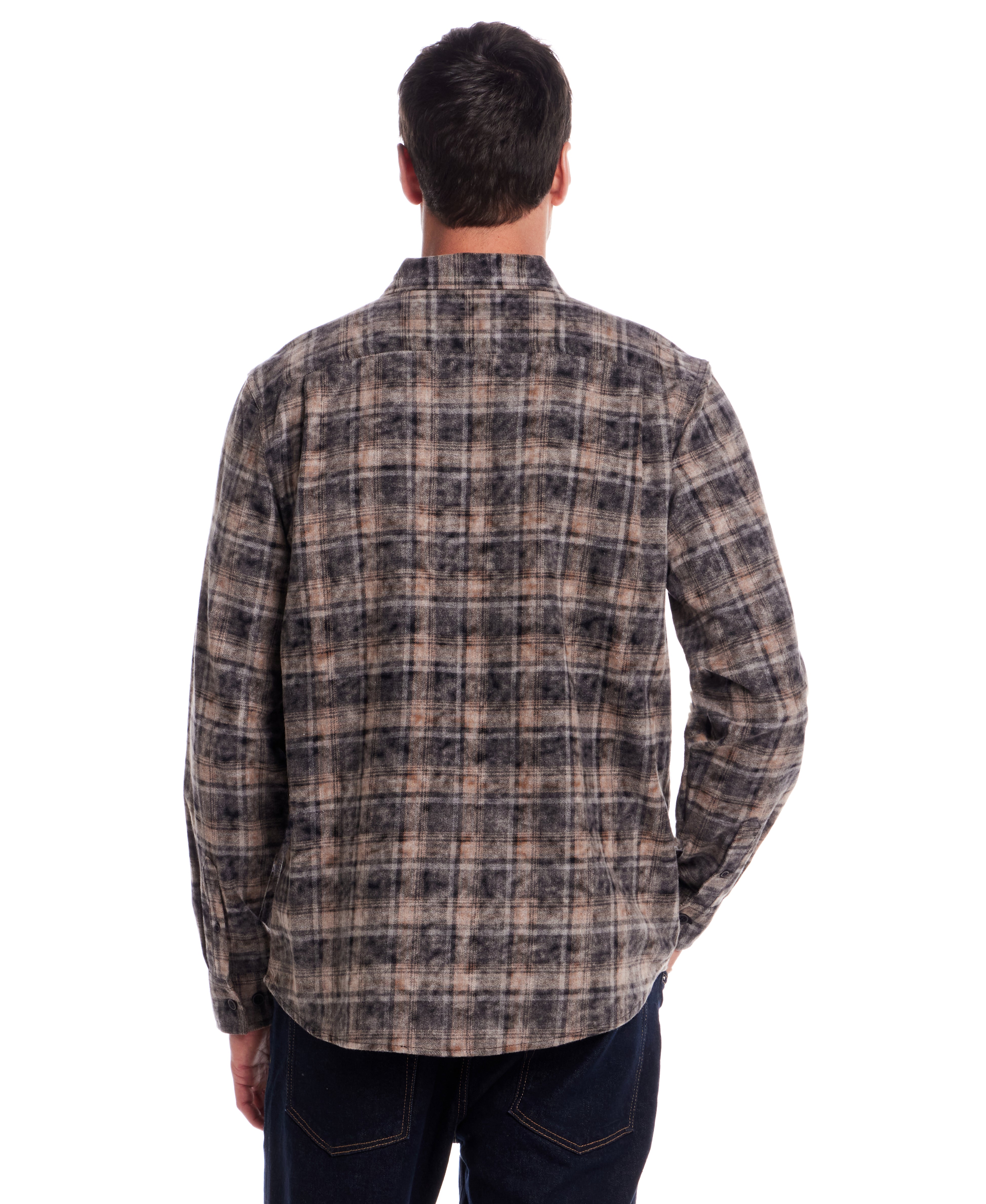 Long Sleeve Chalk Distressed Flannel Plaid in Ebony
