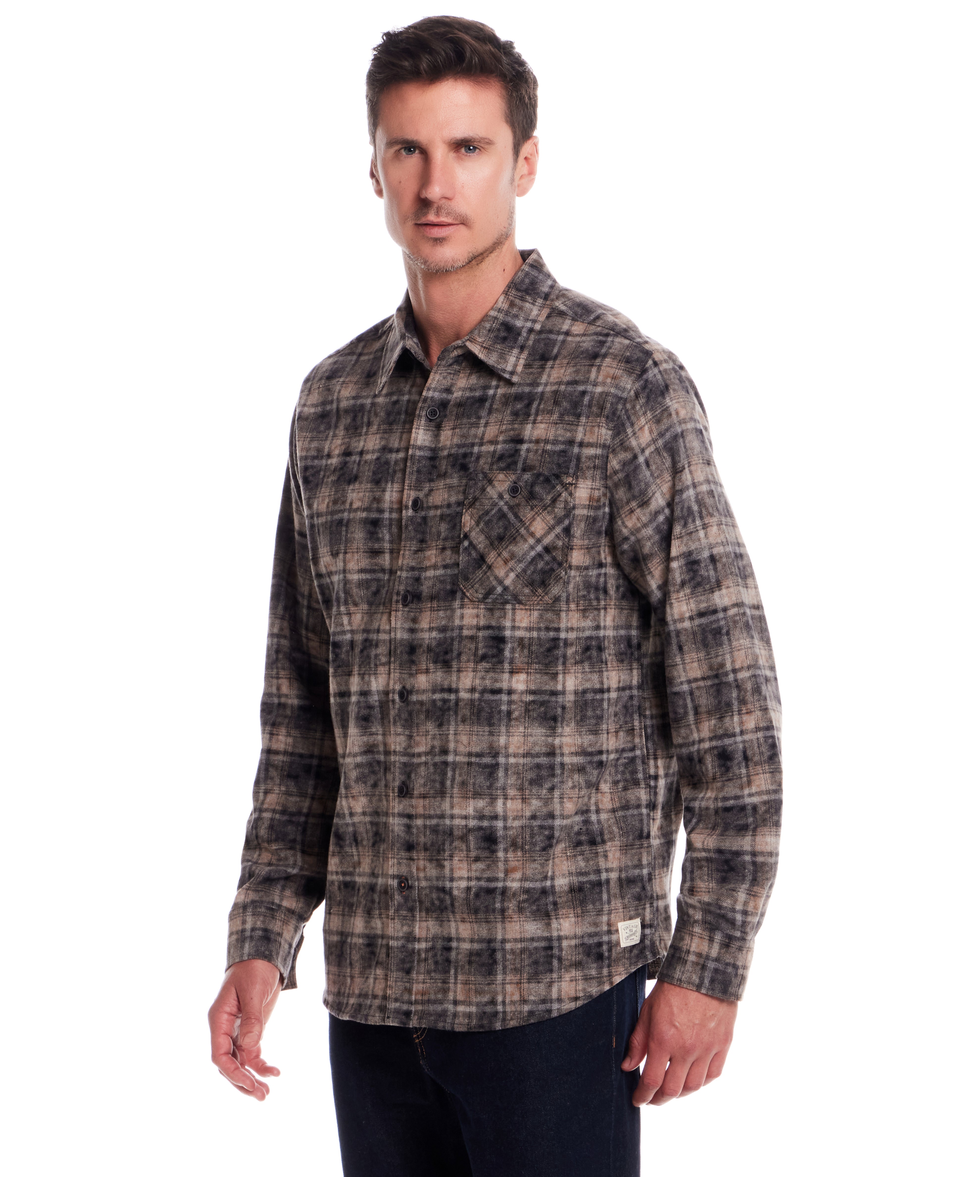 Long Sleeve Chalk Distressed Flannel Plaid in Ebony