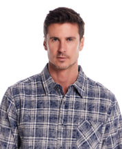 Long Sleeve Chalk Distressed Flannel Plaid in Sargasso Sea