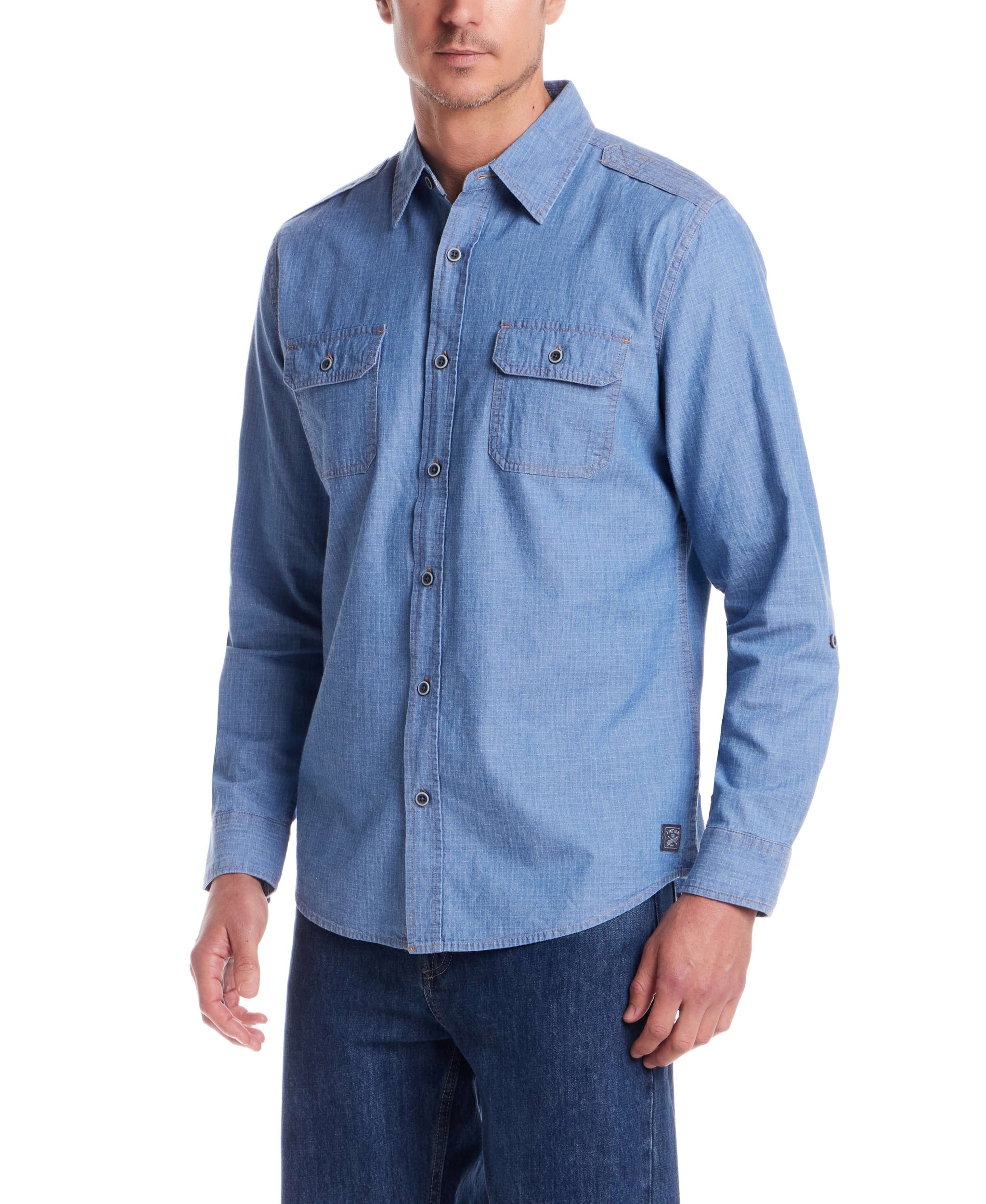 Blue Color Rip Stop Ripstop Denim Shirt in Insignia Blue | Weatherproof® Vintage
