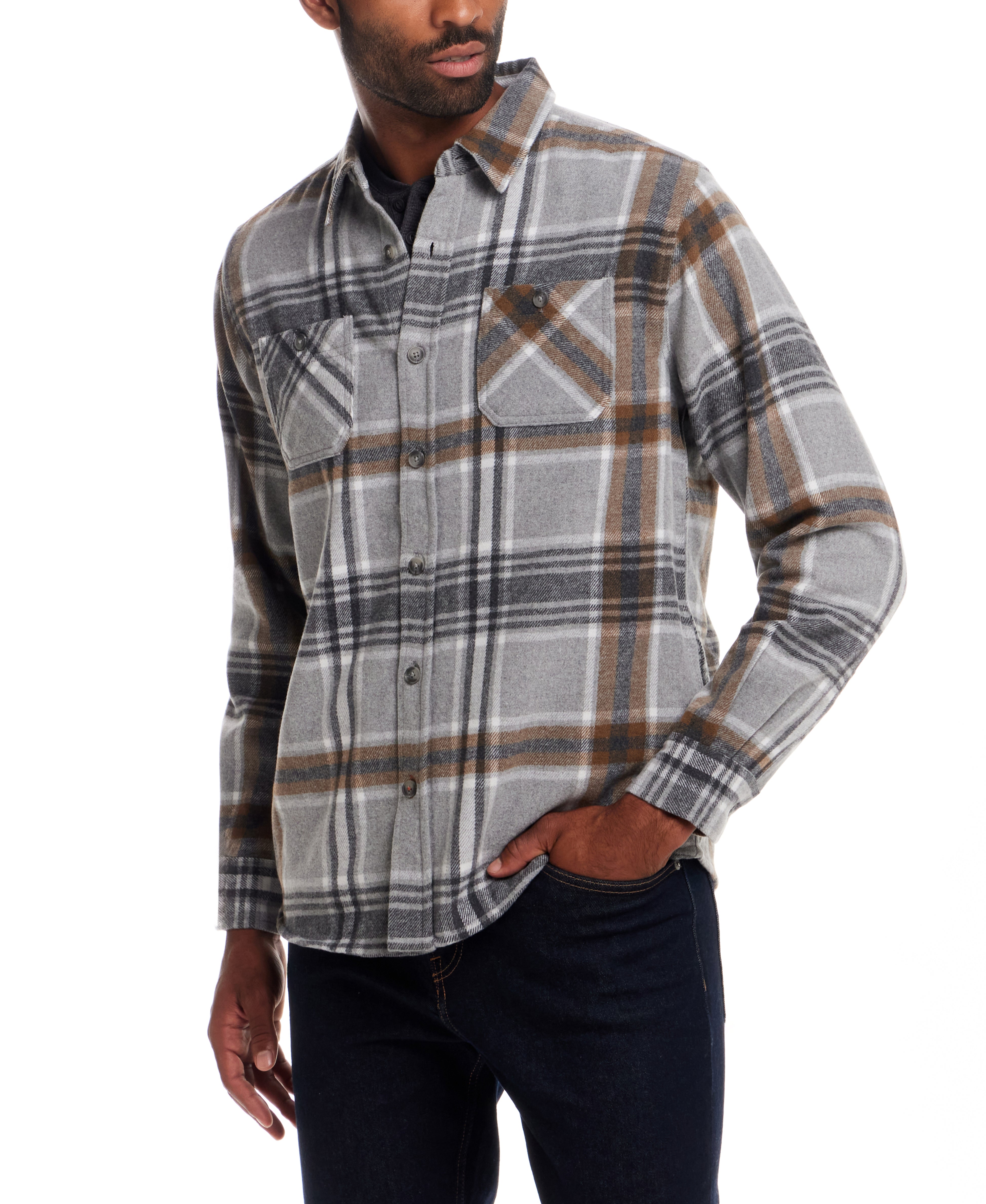 Wool Blend Plaid Shirt Jacket in Castor Grey