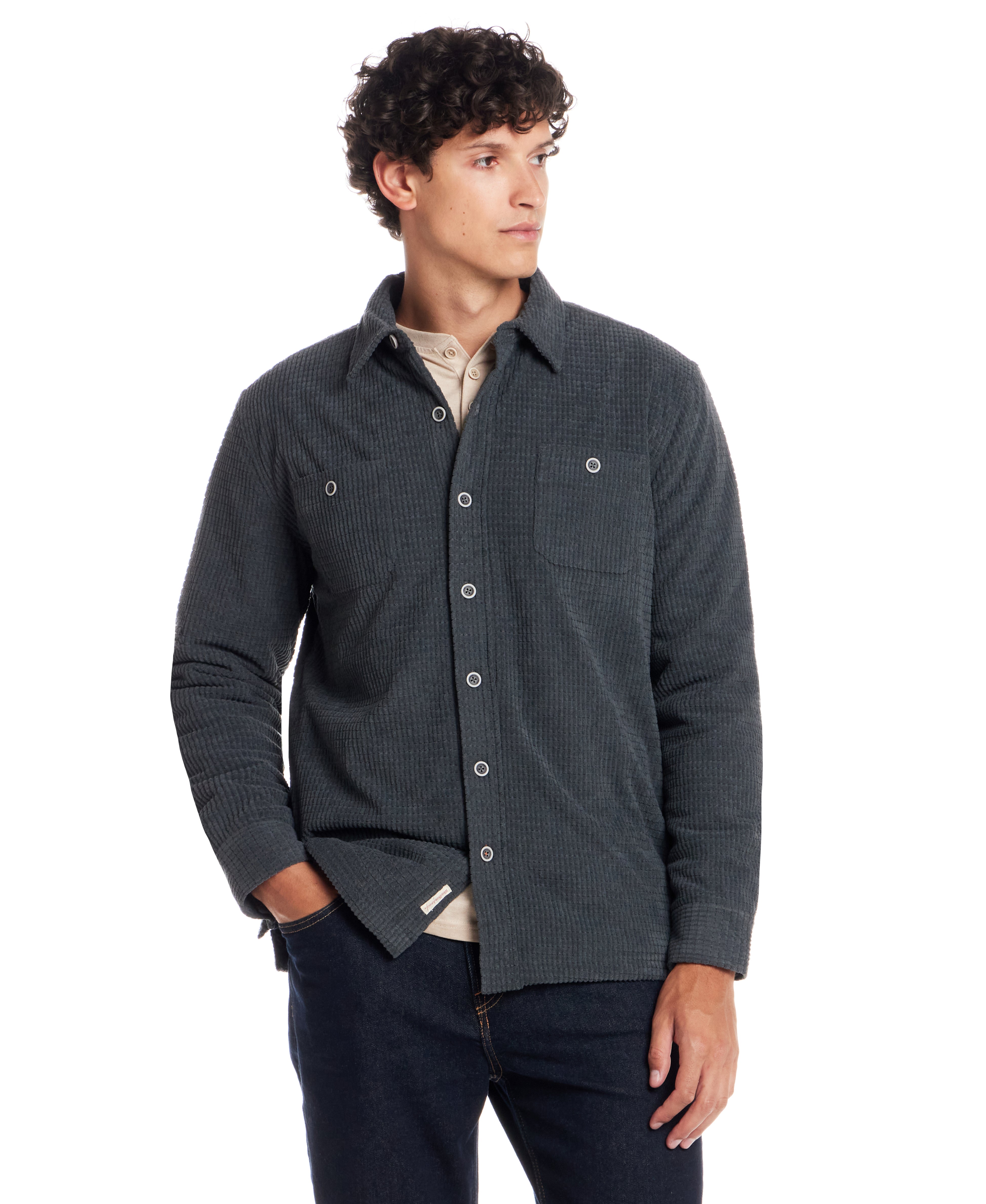 Sherpa Lined Grid Shirt Jacket in Slate