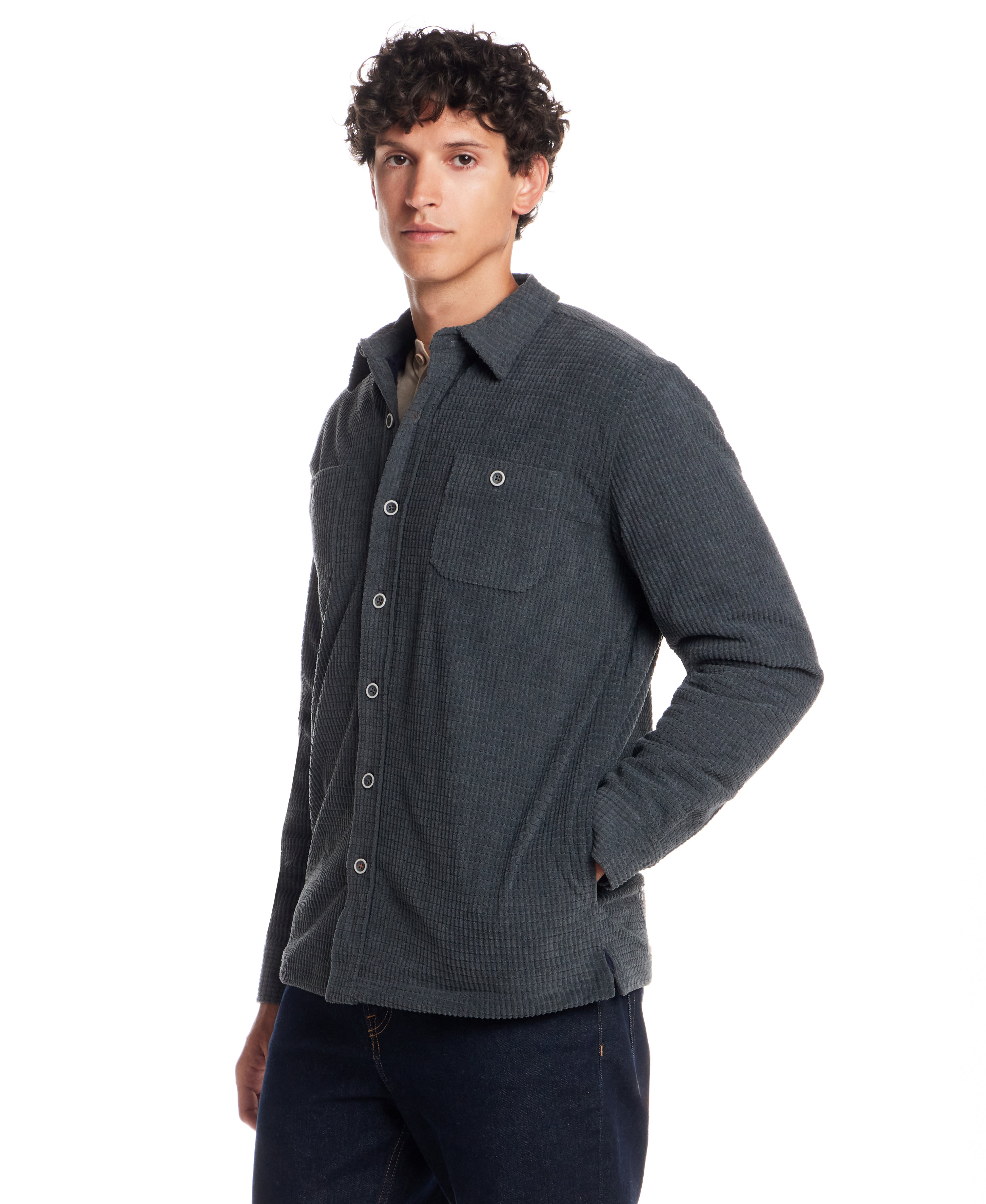 Sherpa Lined Grid Shirt Jacket in Slate