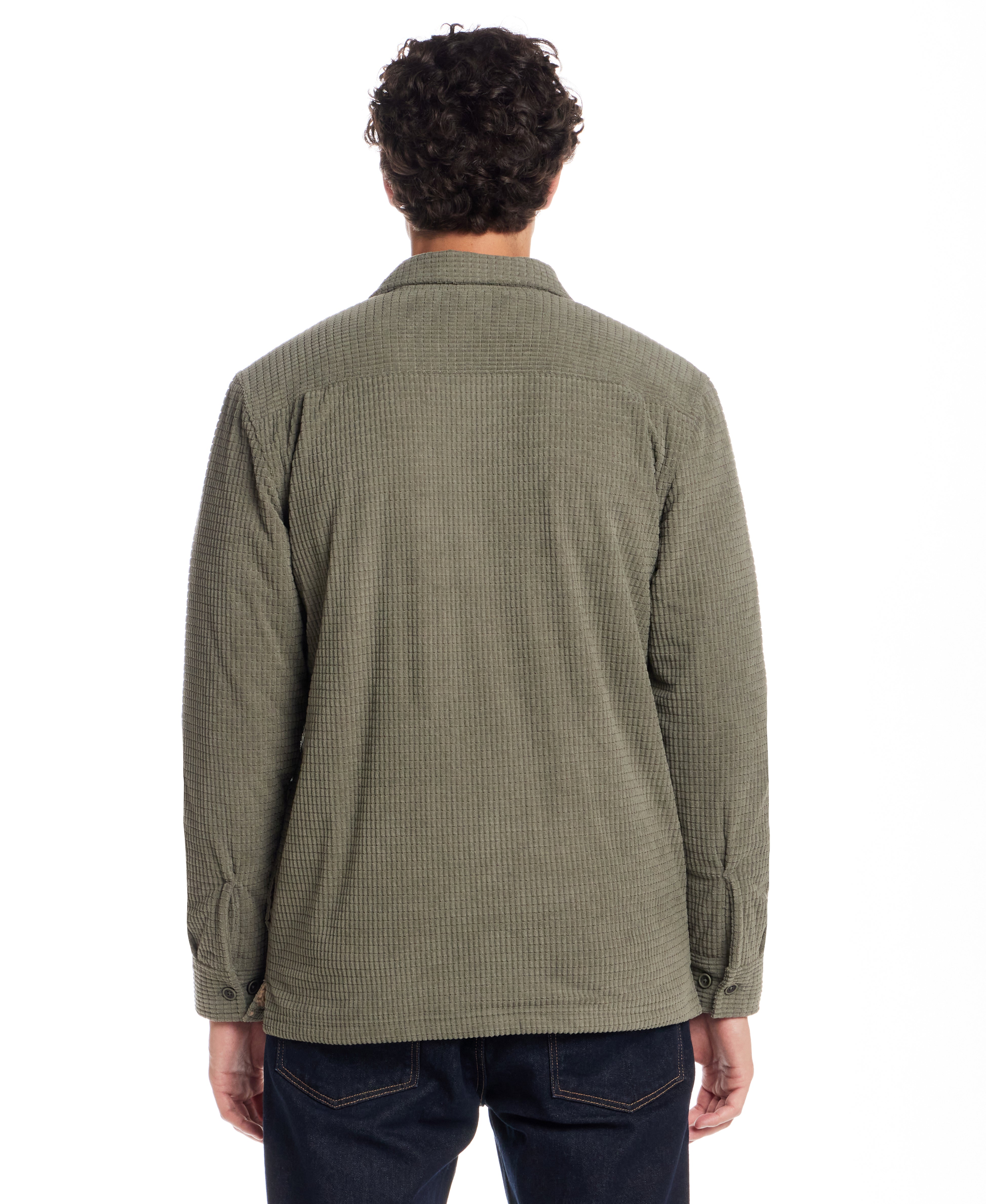 Sherpa Lined Grid Shirt Jacket in Washed Olive
