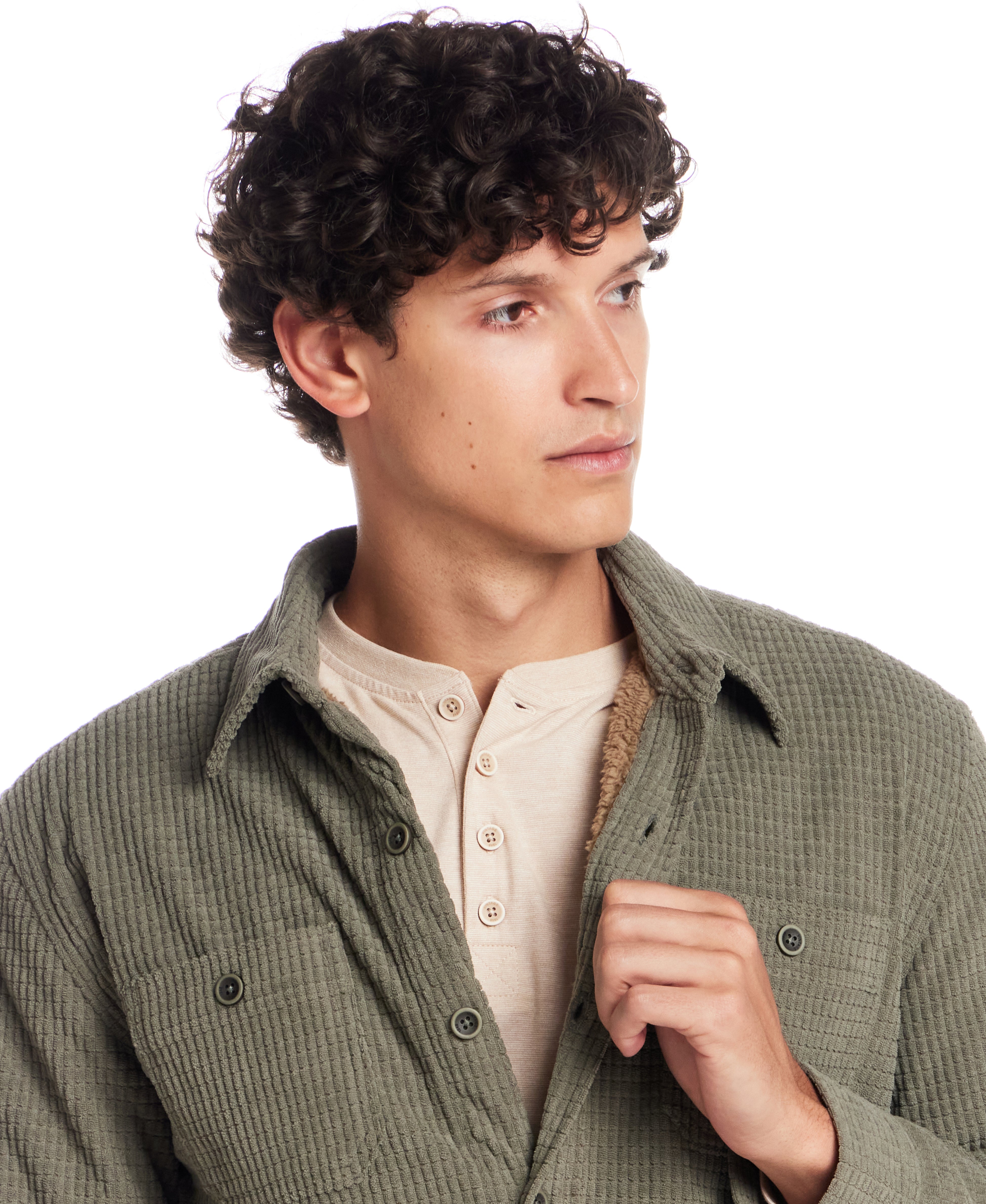 Sherpa Lined Grid Shirt Jacket in Washed Olive
