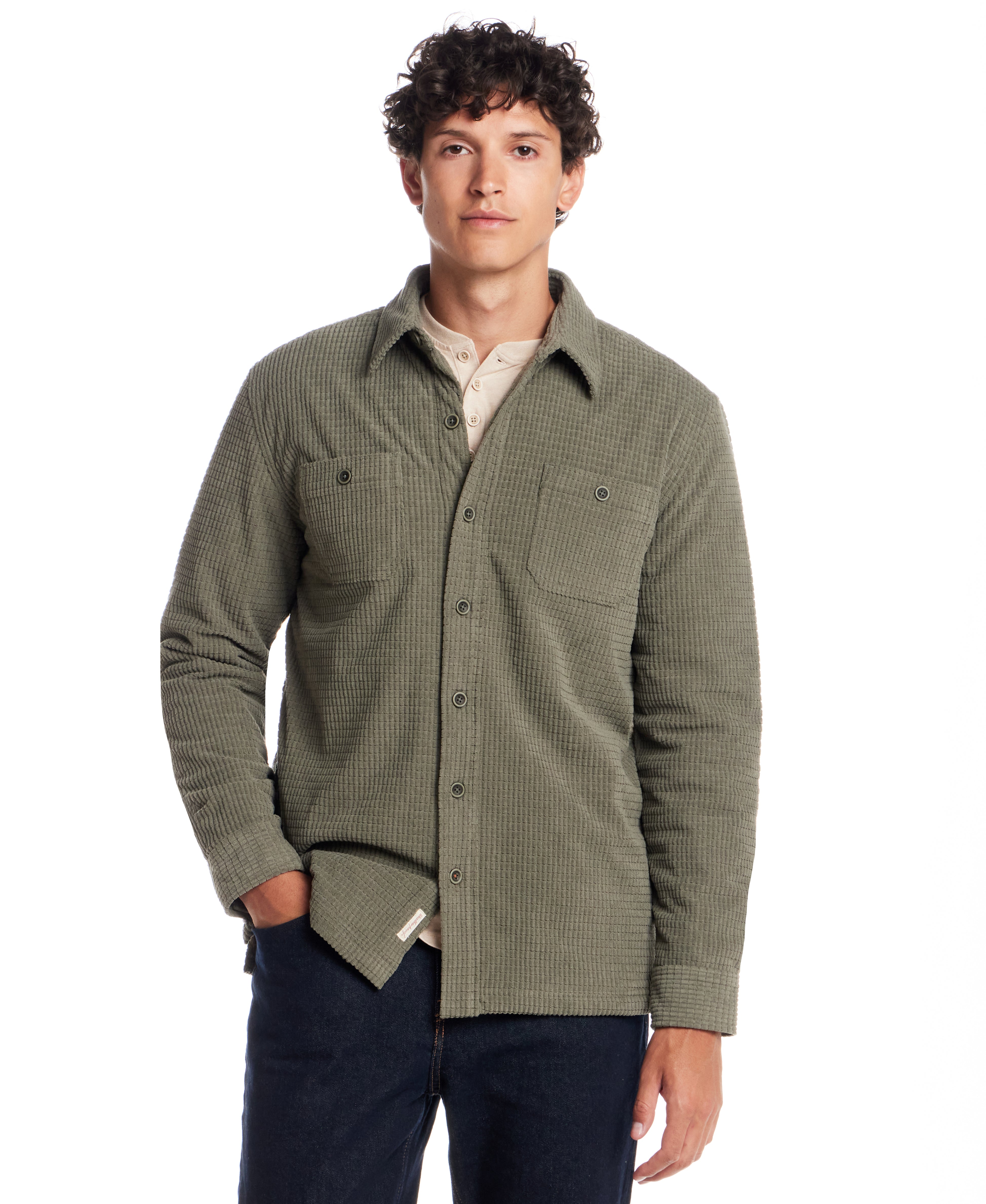 Sherpa Lined Grid Shirt Jacket in Washed Olive