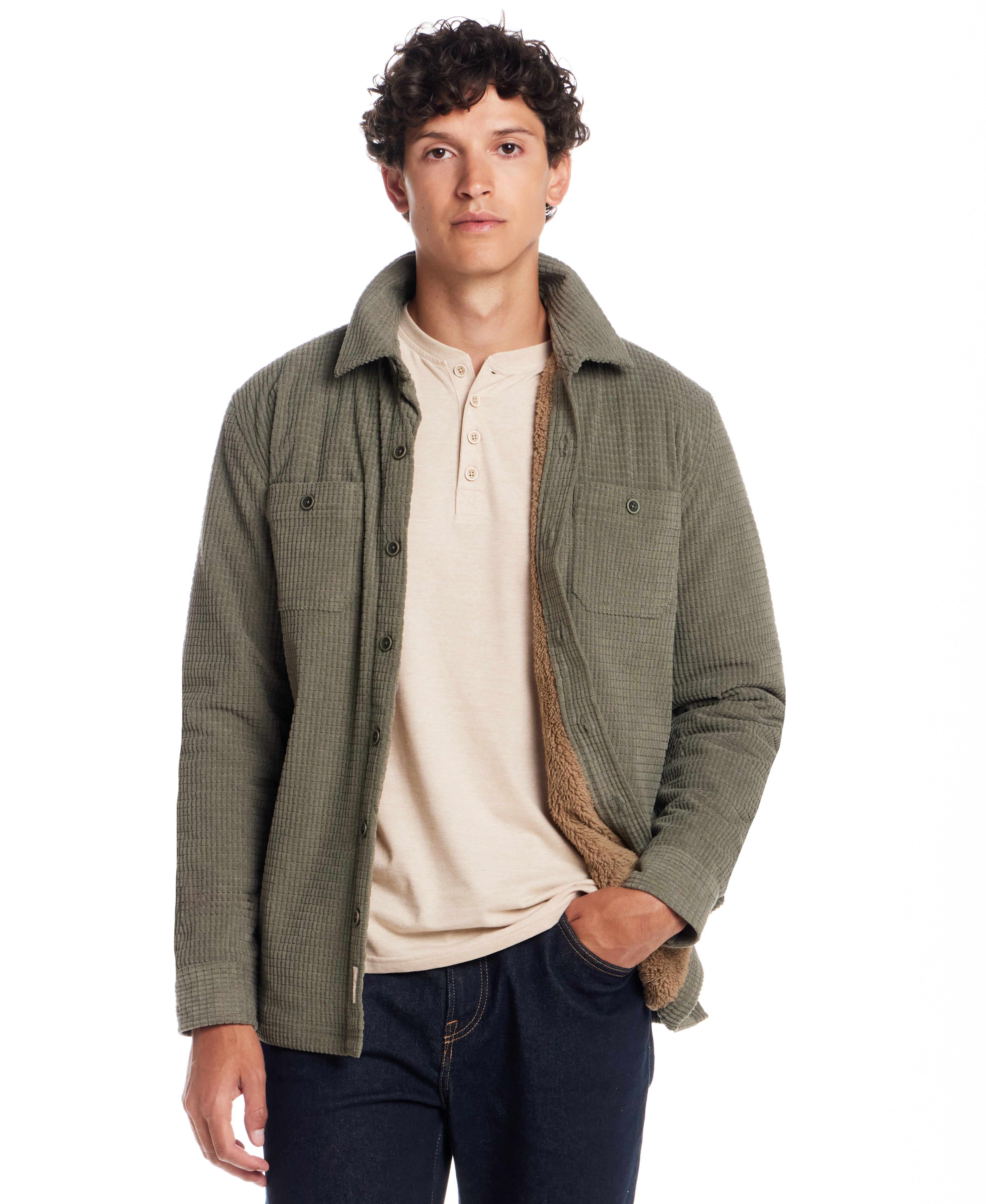 Sherpa Lined Grid Shirt Jacket in Washed Olive