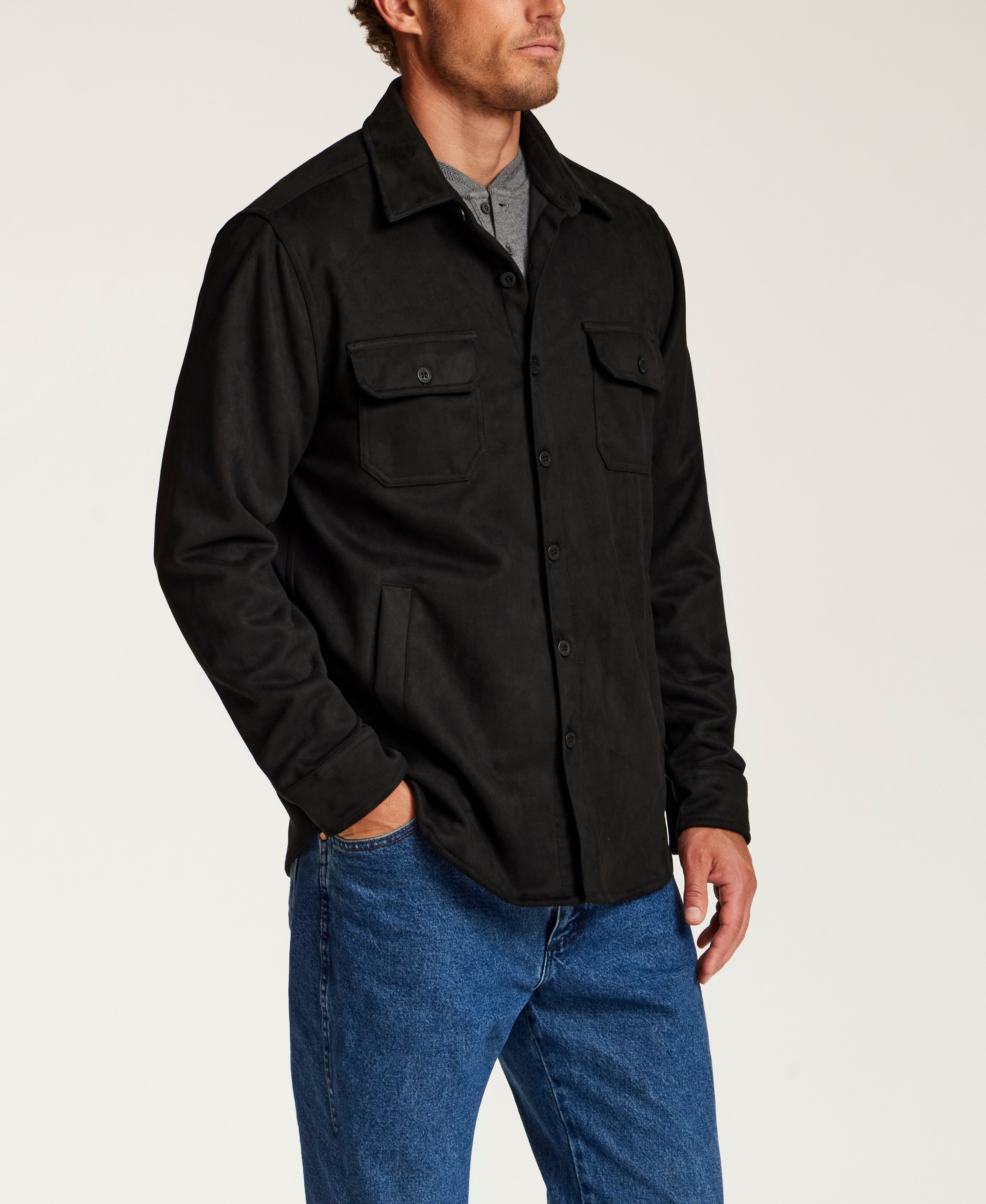 Sueded Shirt Jacket in Black