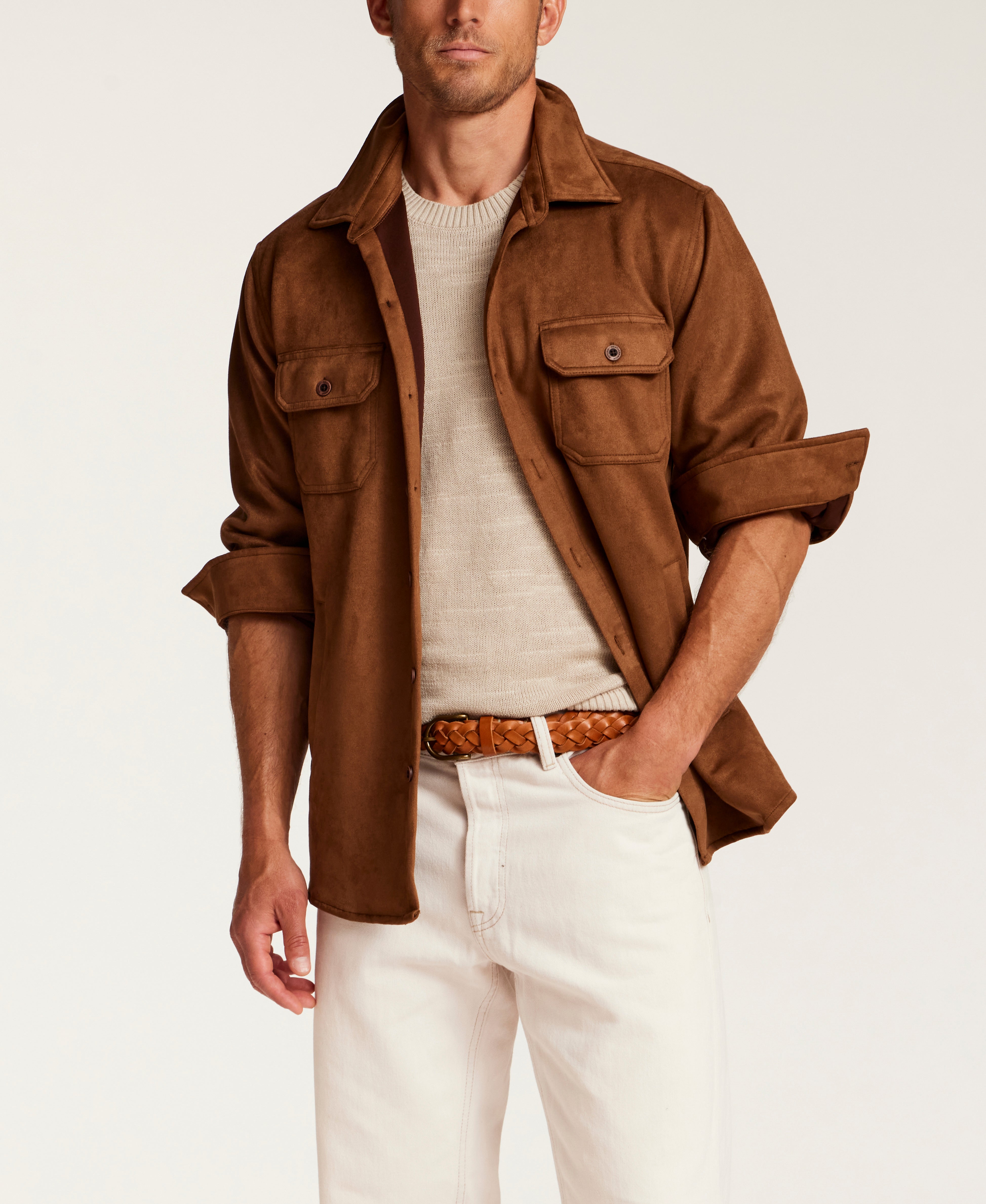 Sueded Shirt Jacket in Light Brown