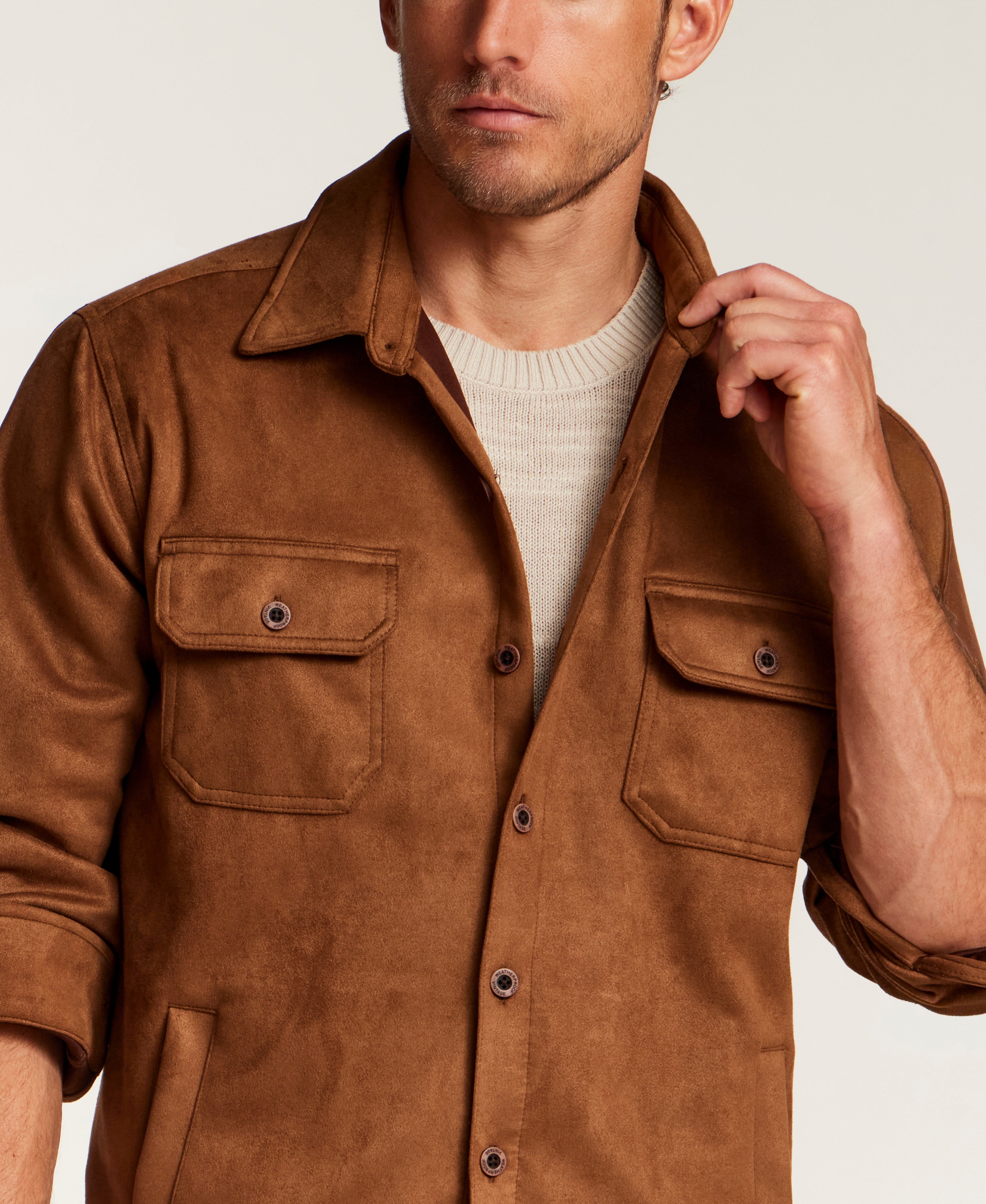 Sueded Shirt Jacket in Light Brown