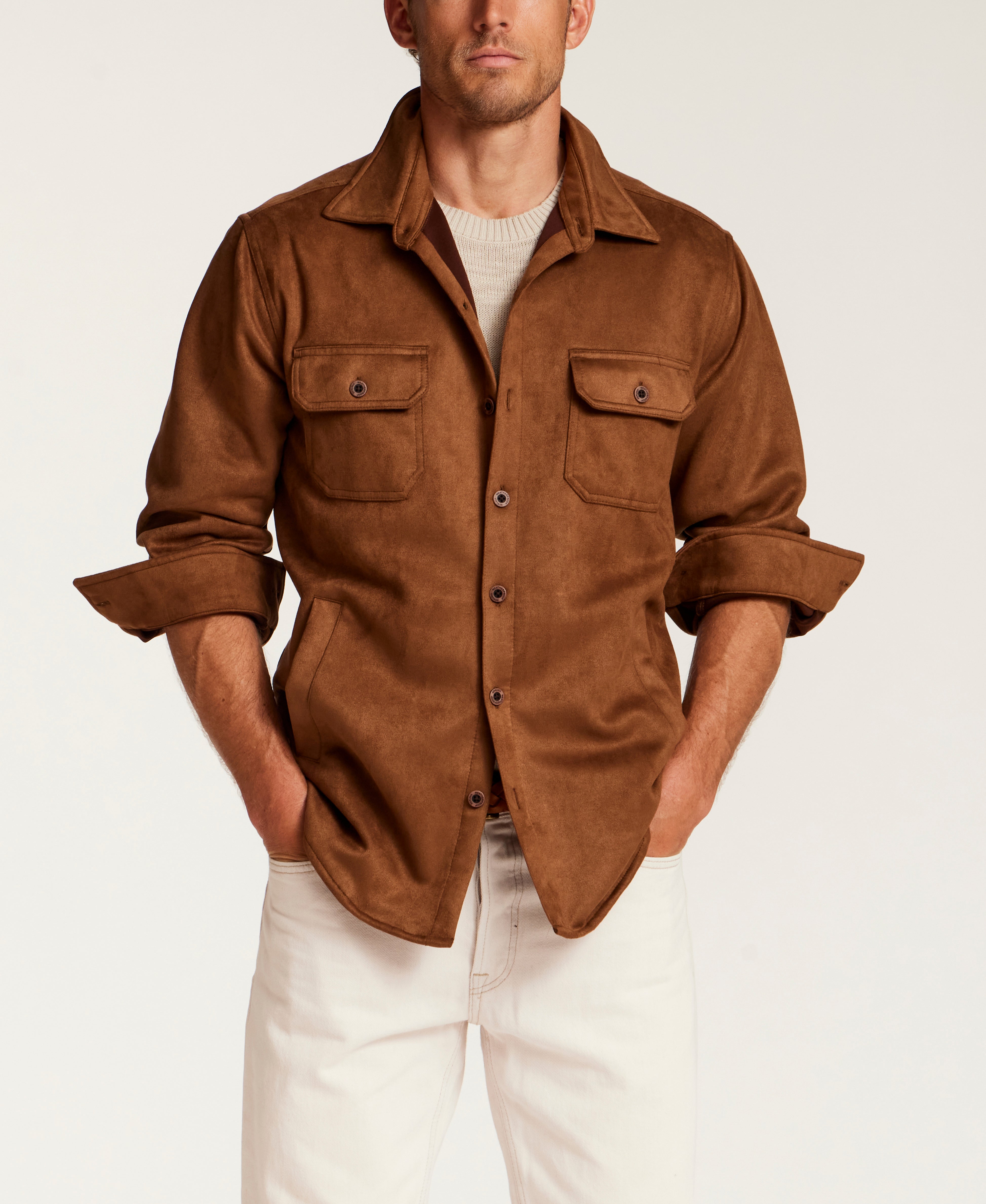 Sueded Shirt Jacket in Light Brown