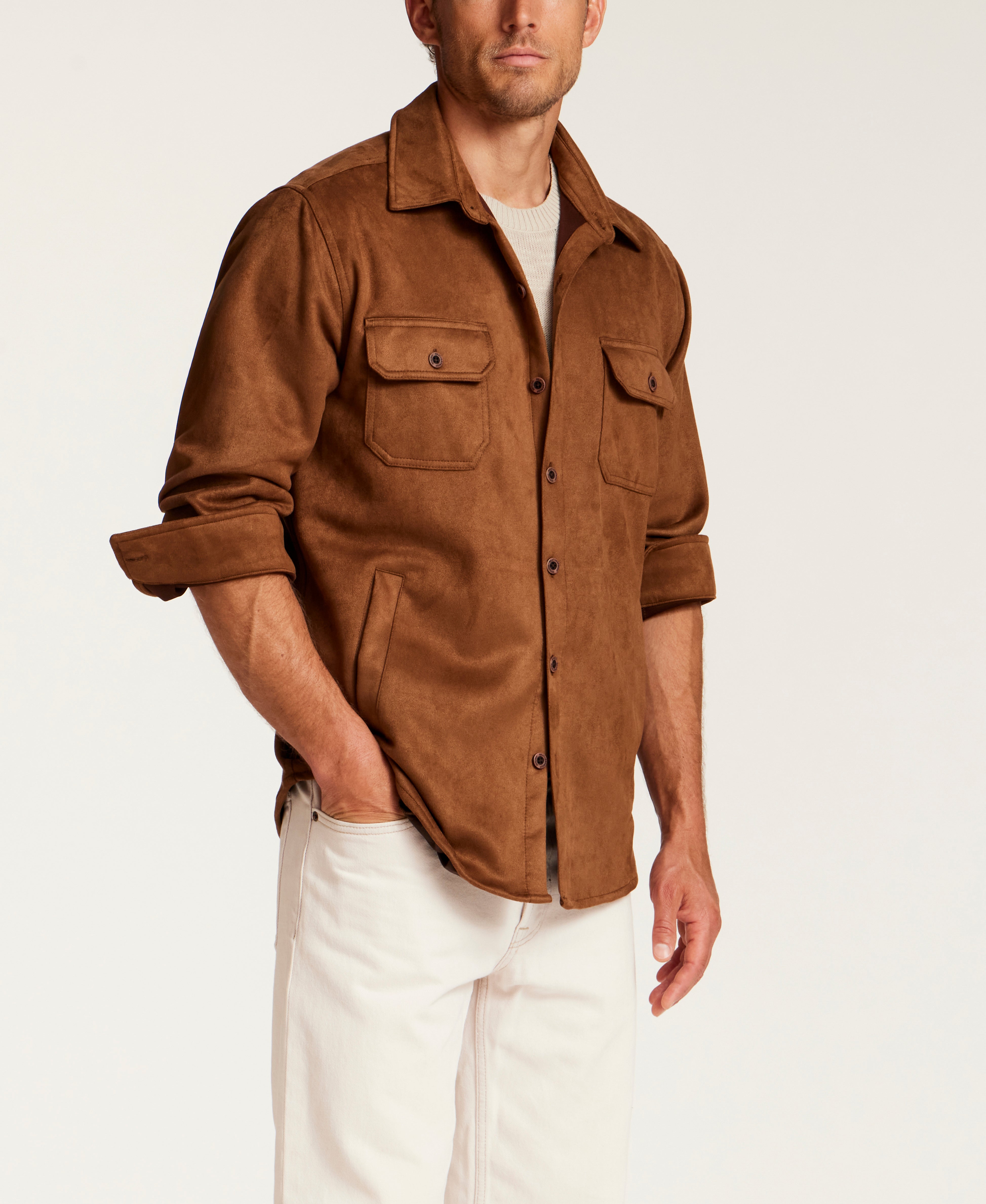 Sueded Shirt Jacket in Light Brown