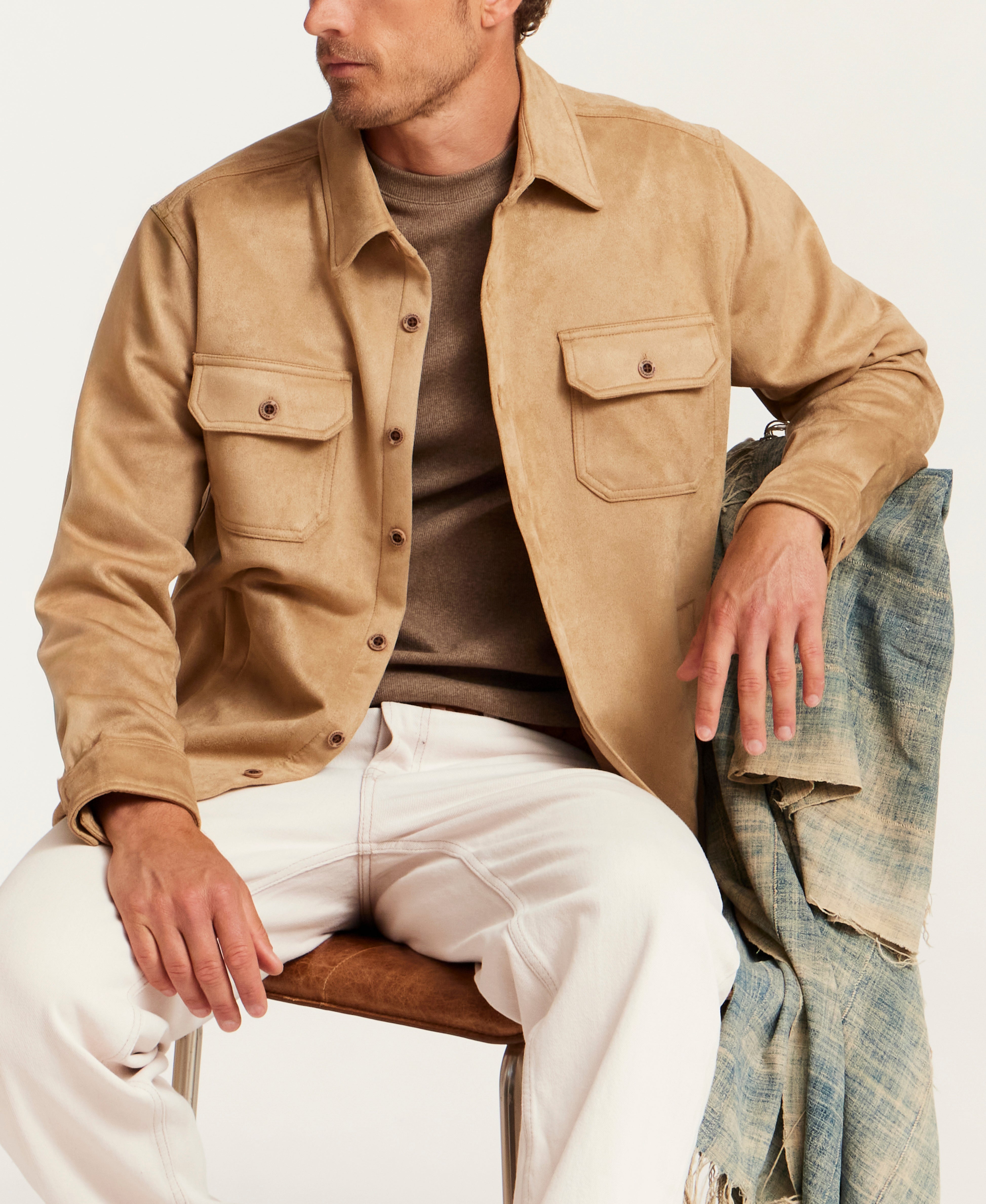 Sueded Shirt Jacket in Tan