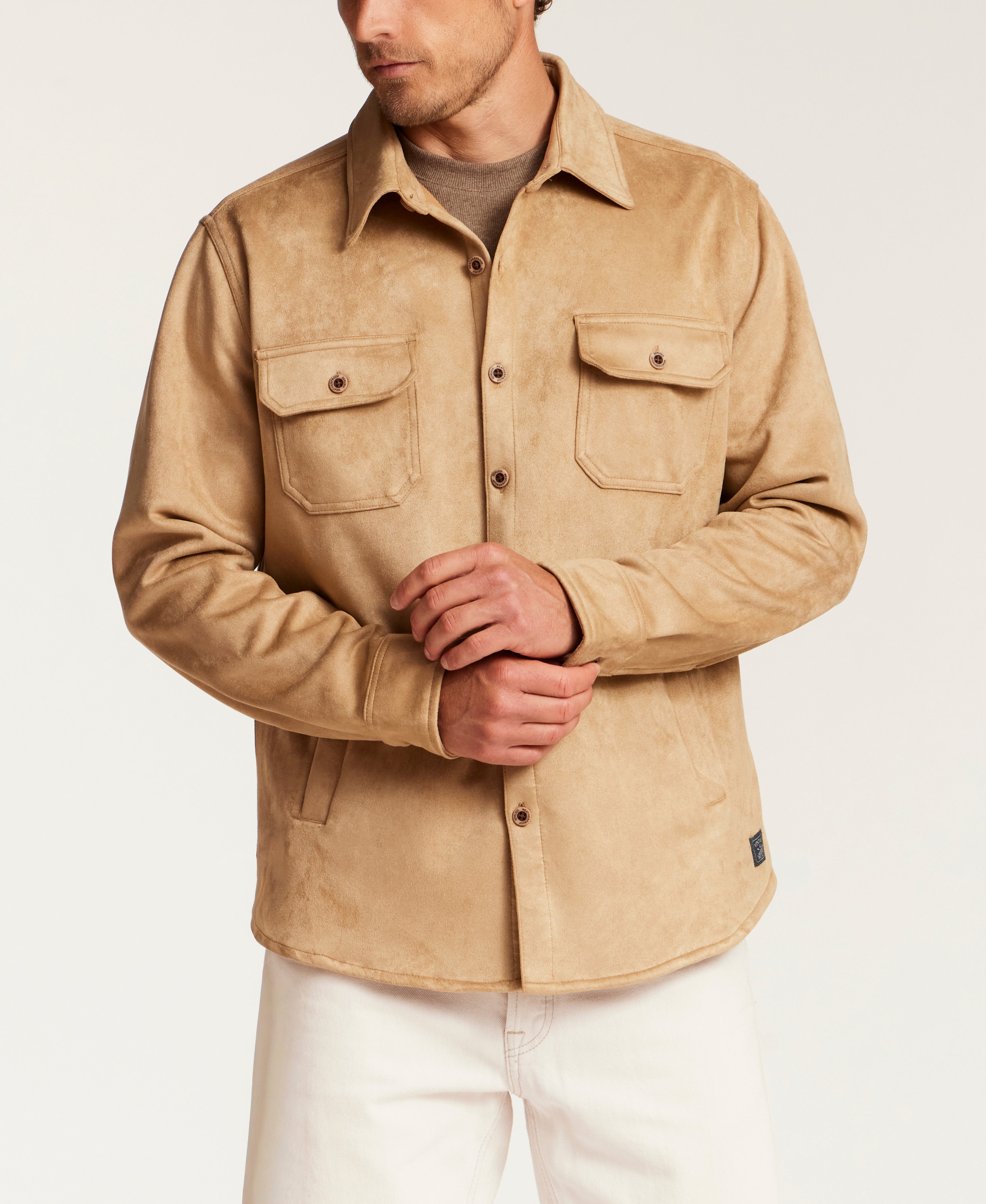 Sueded Shirt Jacket in Tan