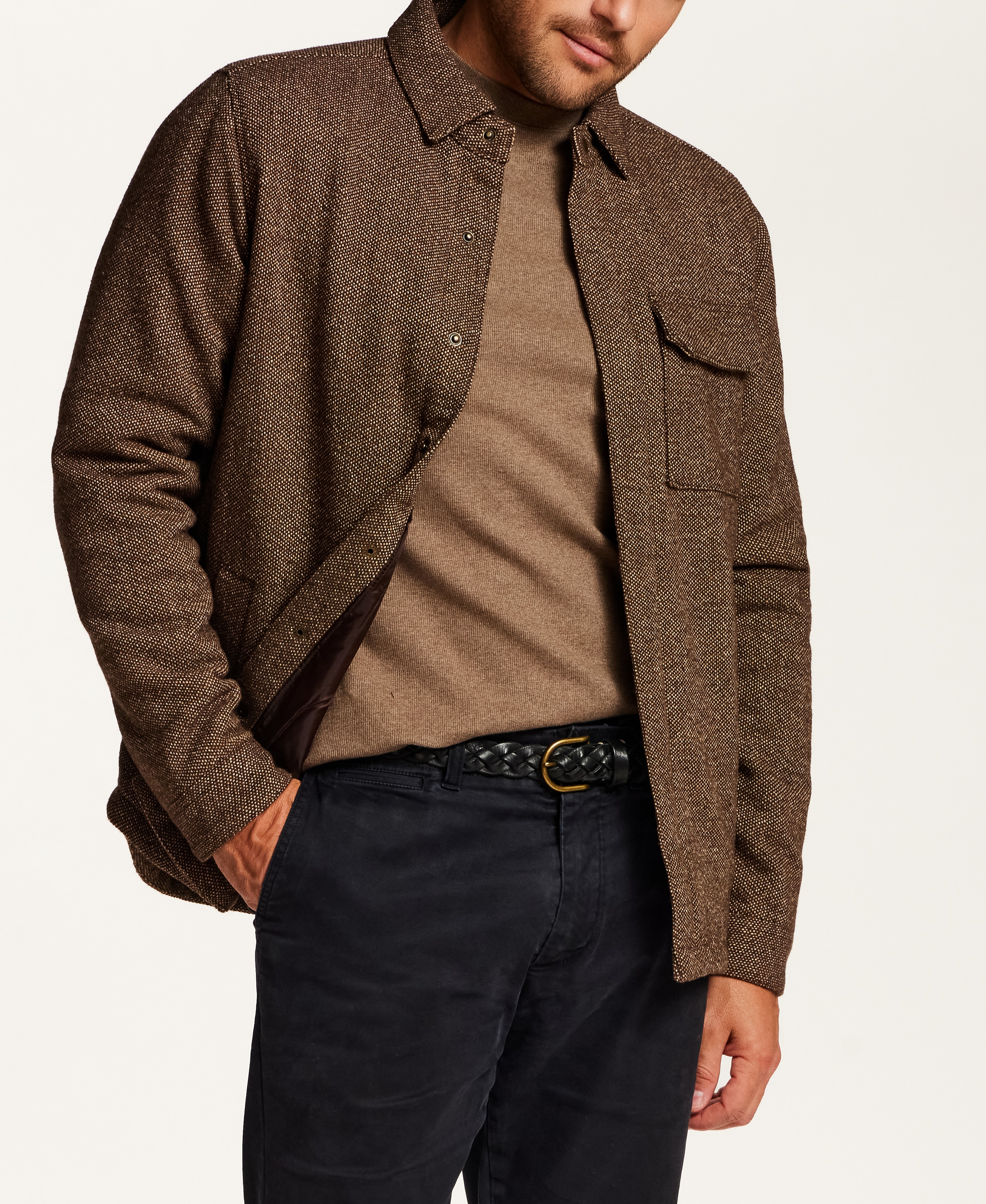 Snap Front Birdseye Shirt Jacket in Brown