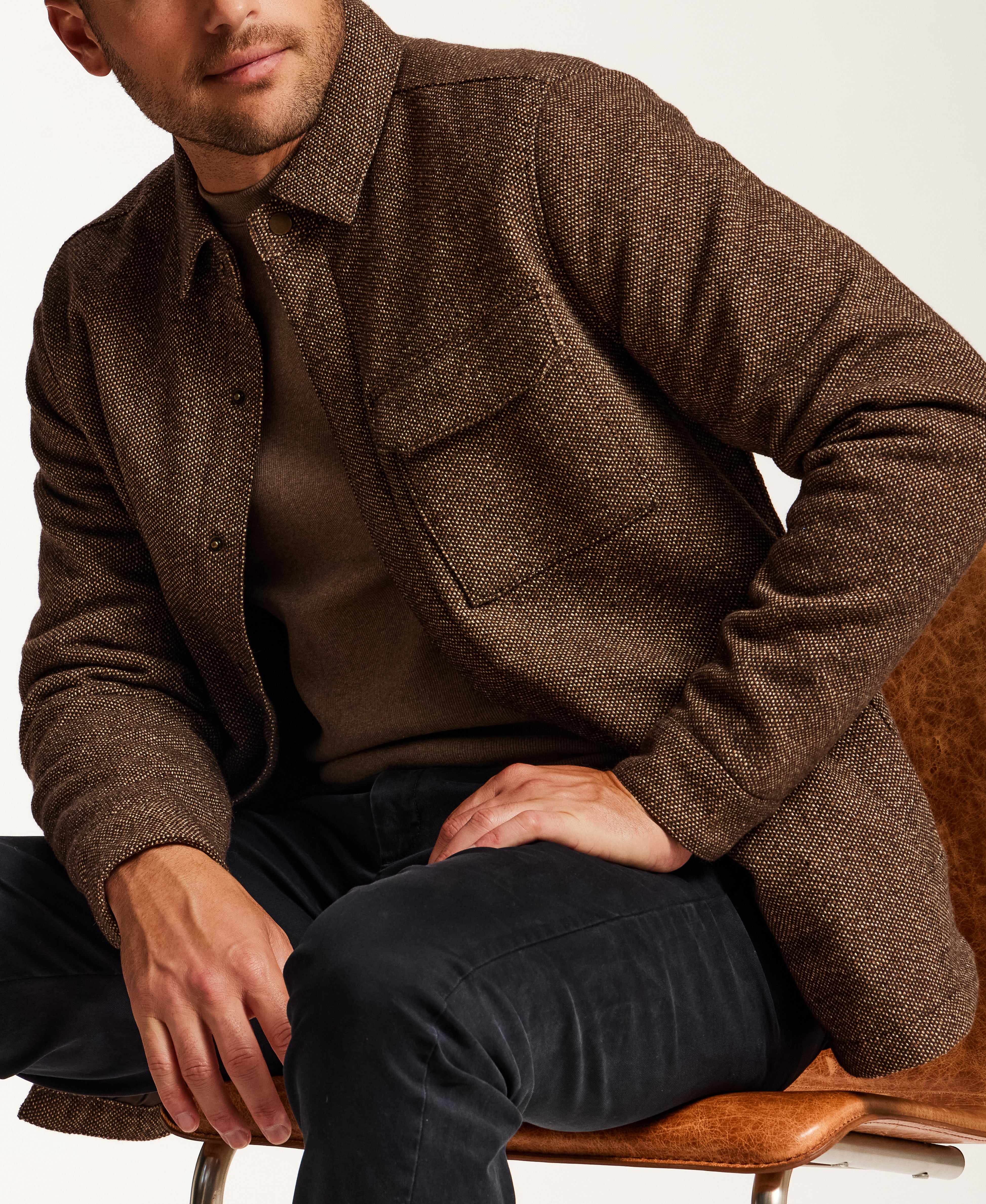 Snap Front Birdseye Shirt Jacket in Brown