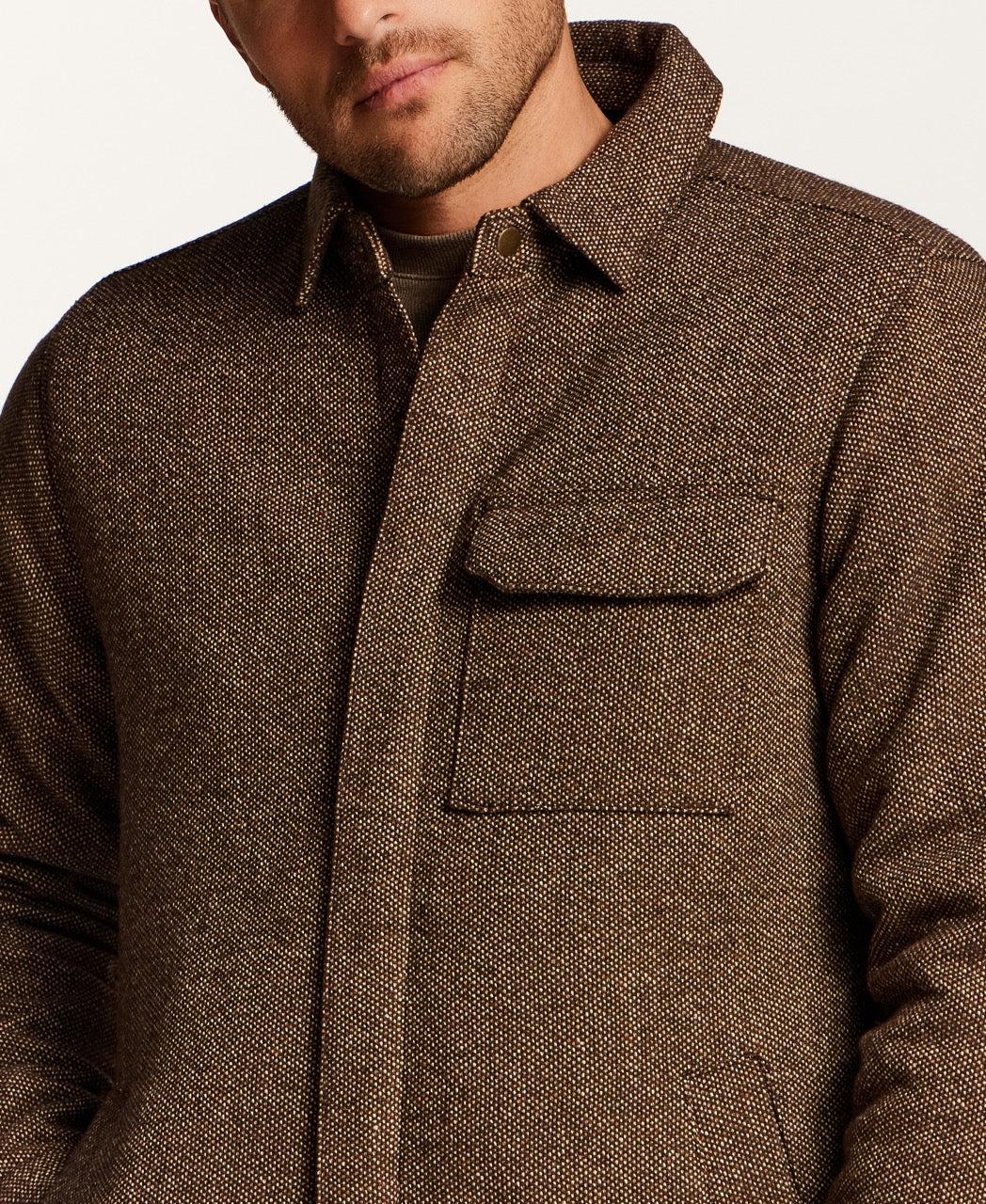 Snap Front Birdseye Shirt Jacket in Brown
