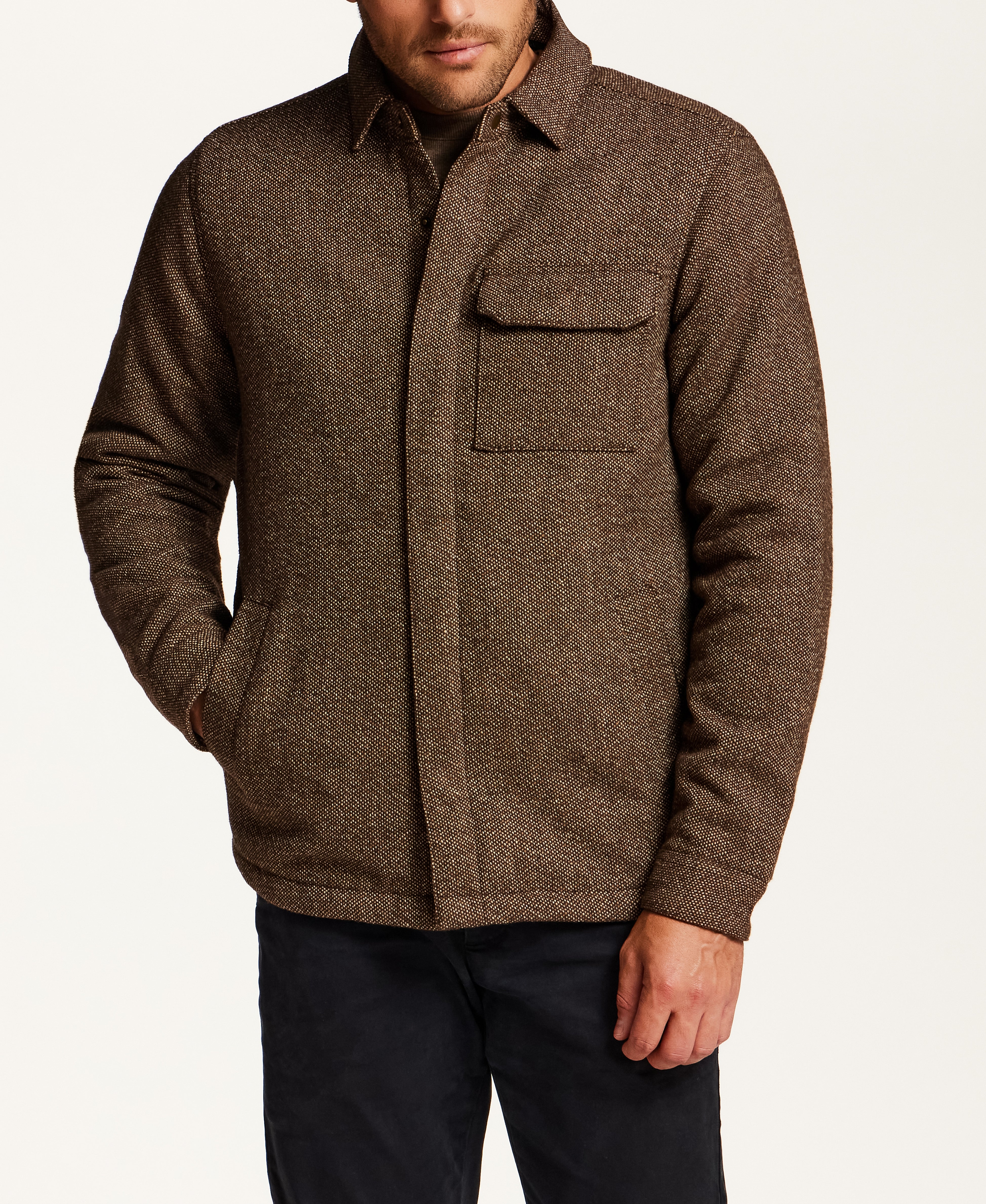 Snap Front Birdseye Shirt Jacket in Brown