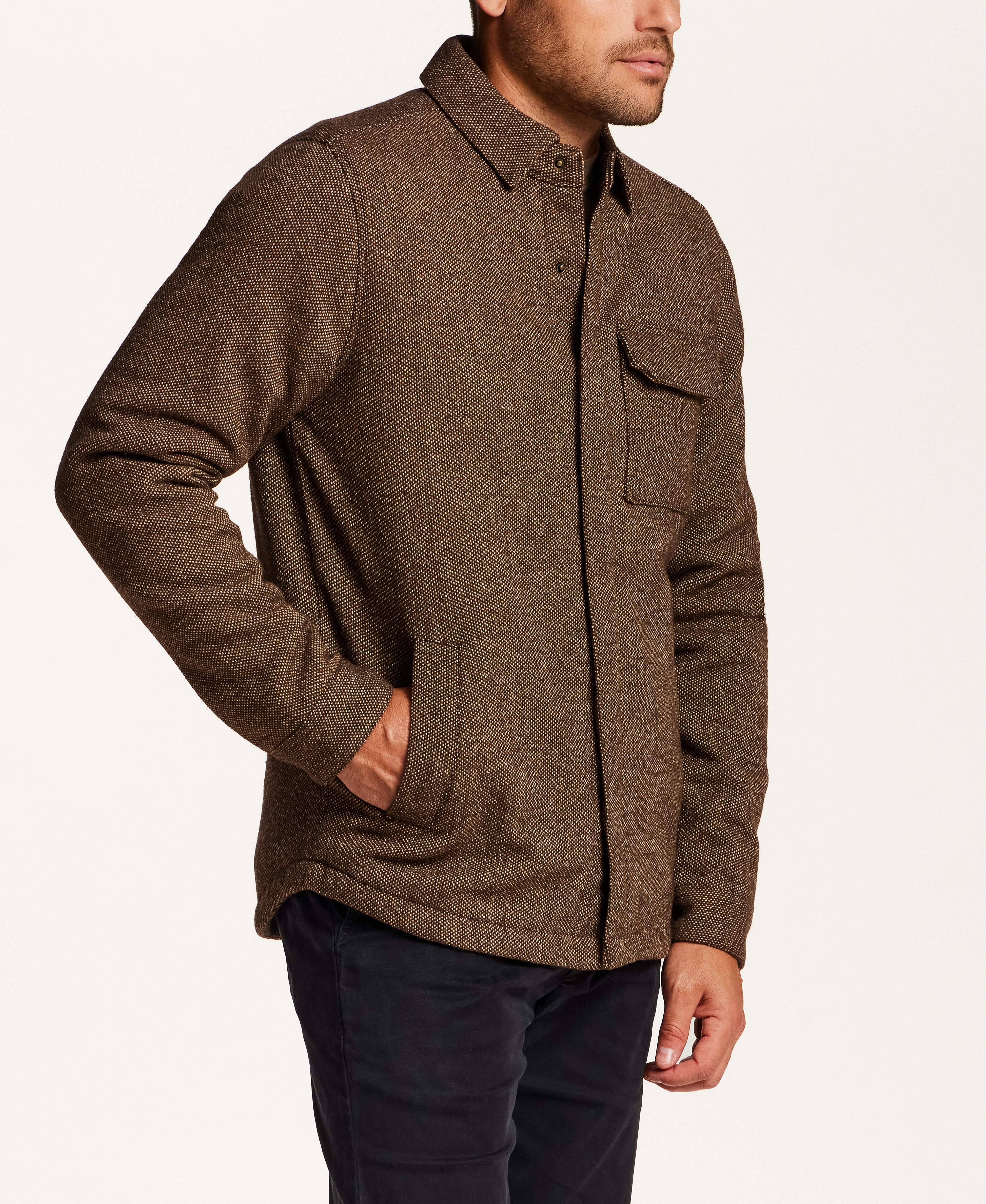 Snap Front Birdseye Shirt Jacket in Brown