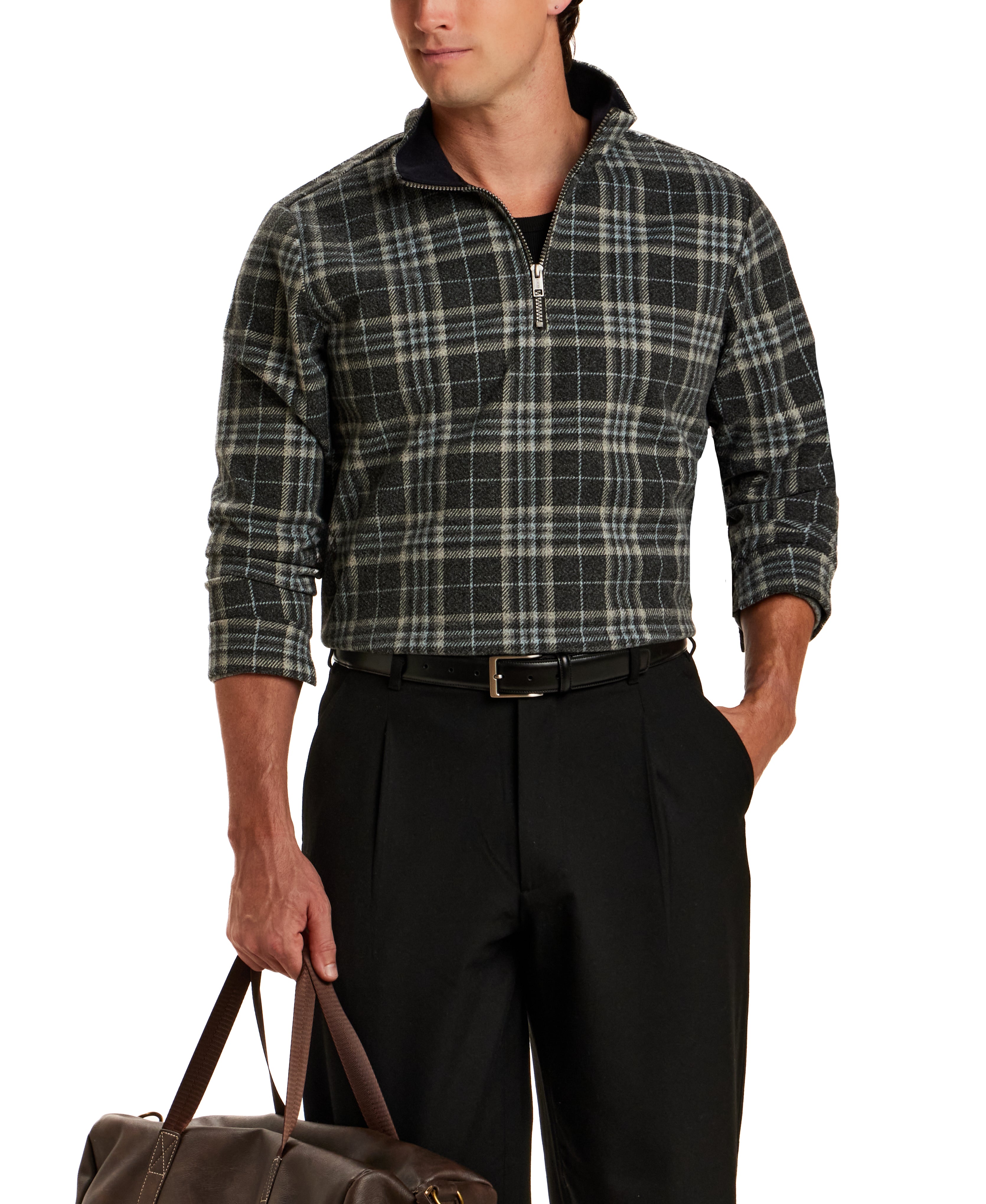 Plaid Quarter-Zip Pullover in Grey