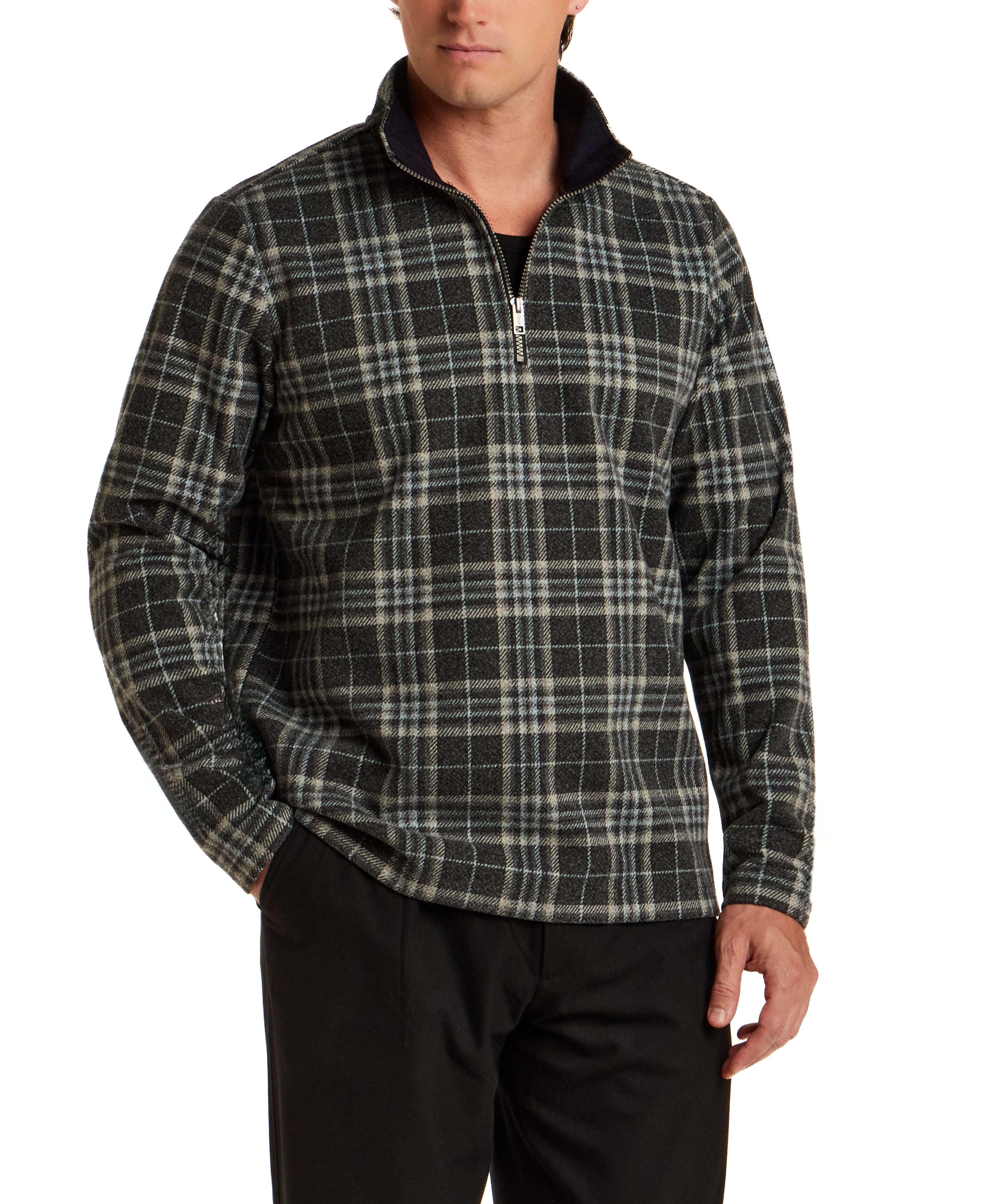 Plaid Quarter-Zip Pullover in Grey