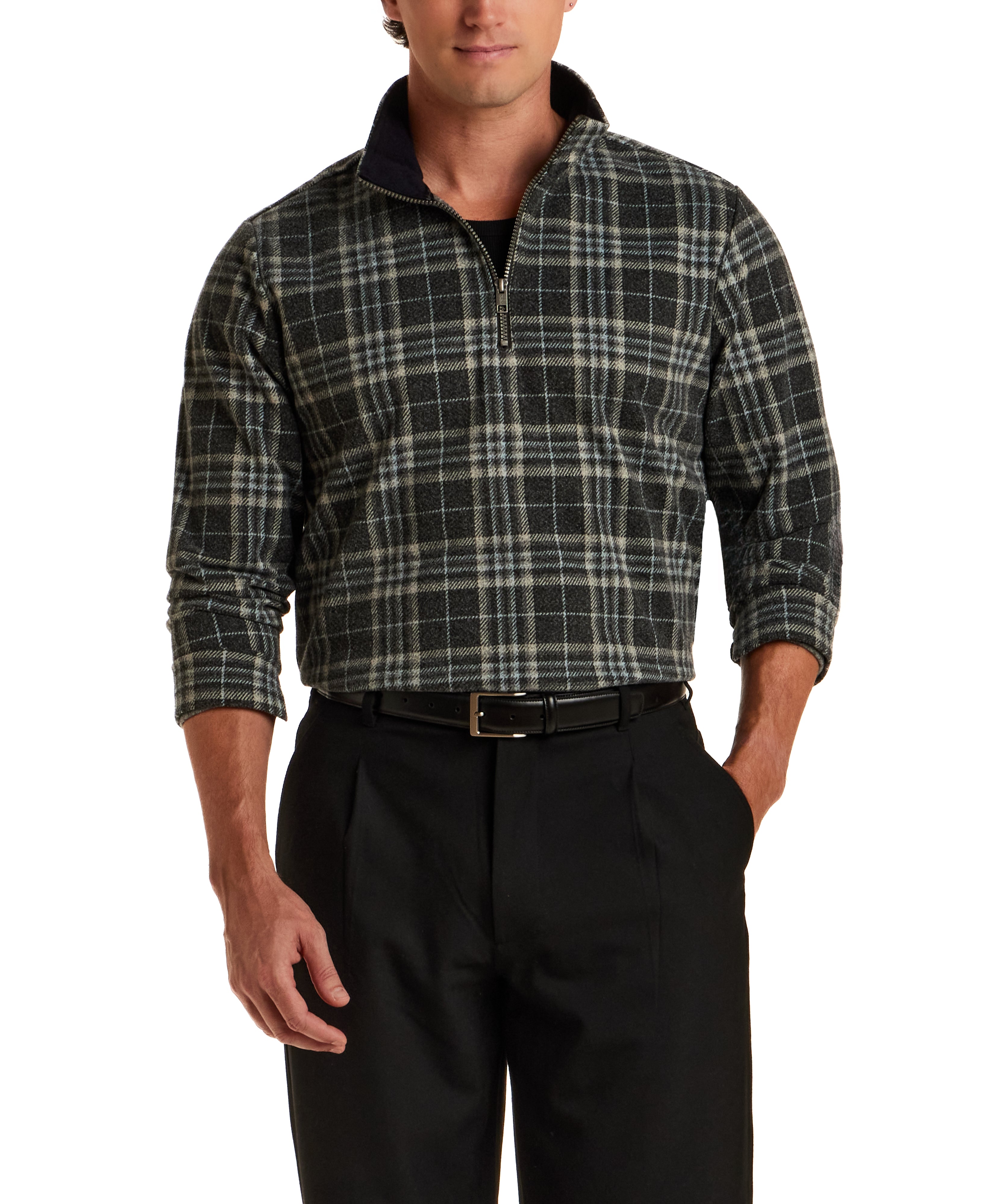 Plaid Quarter-Zip Pullover in Grey