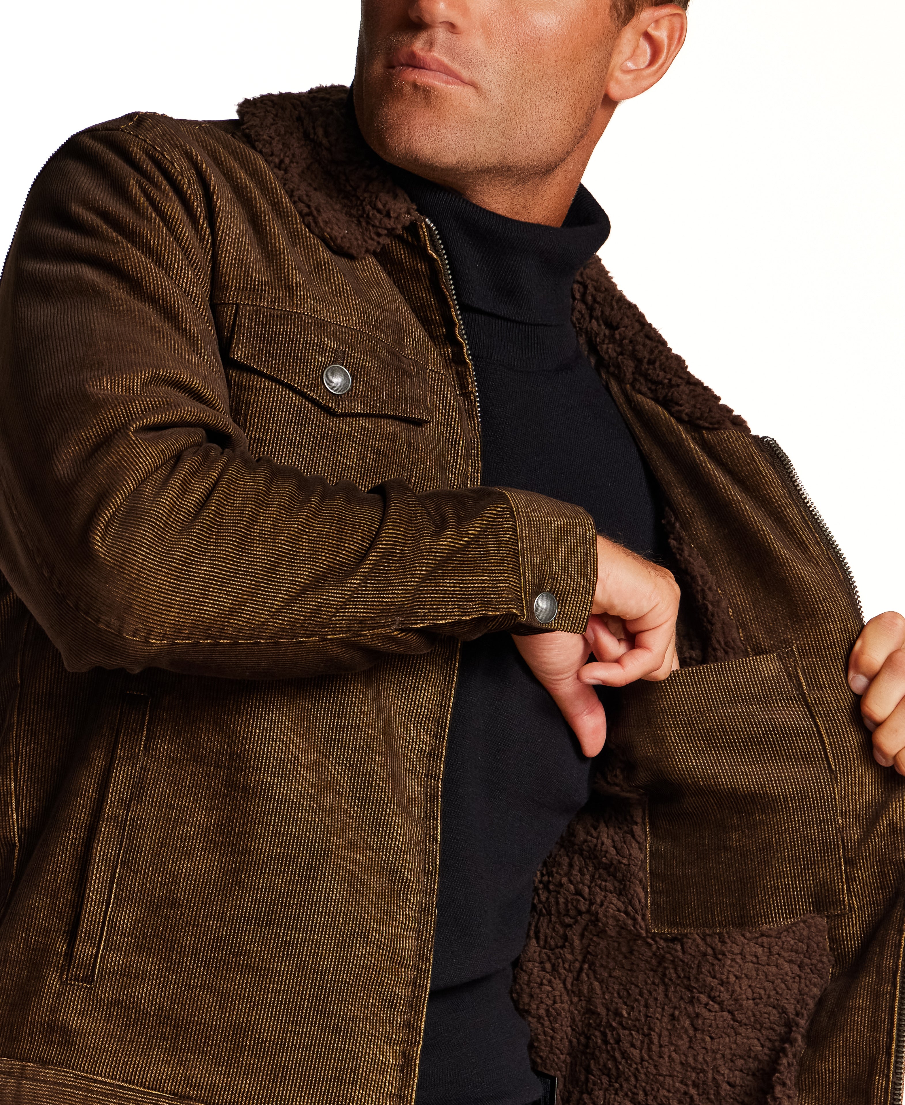 Sherpa-Lined Corduroy Trucker Jacket in Brown