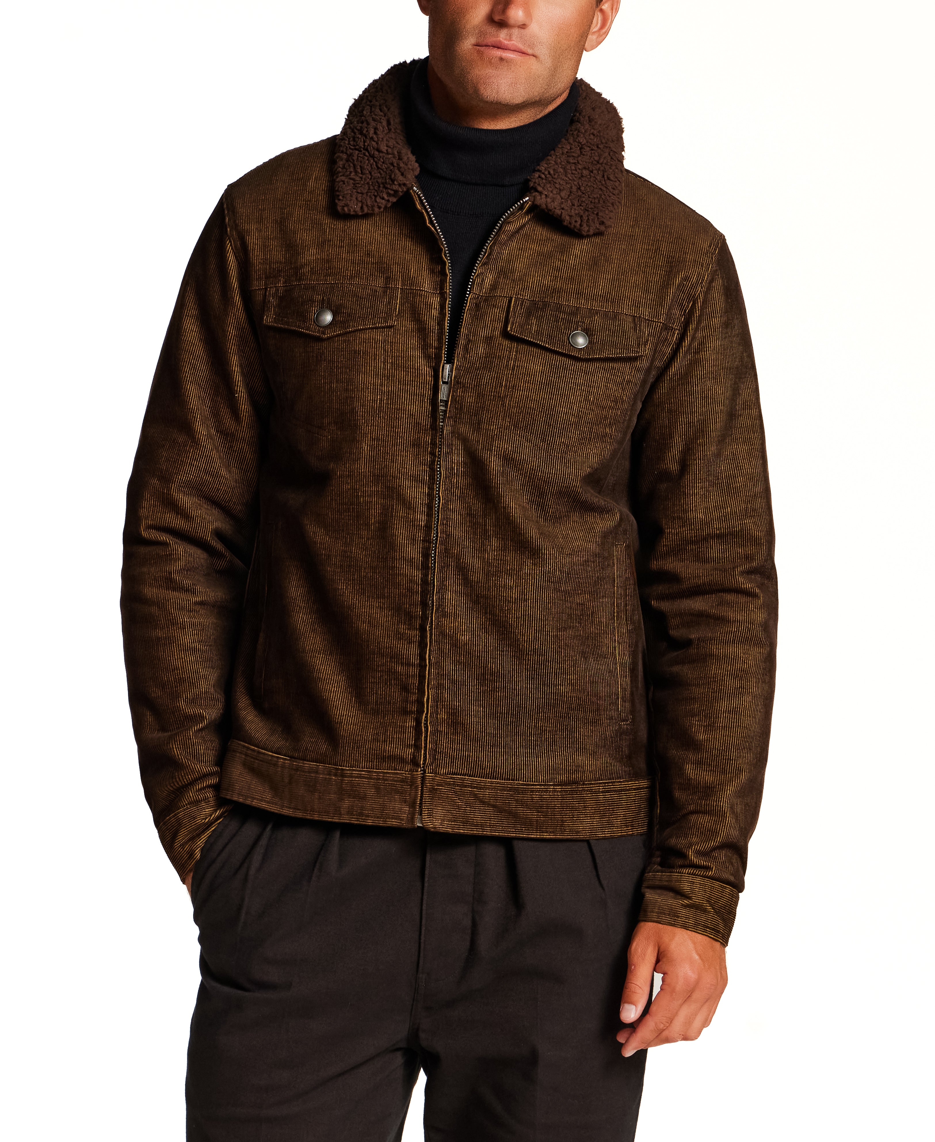 Sherpa-Lined Corduroy Trucker Jacket in Brown