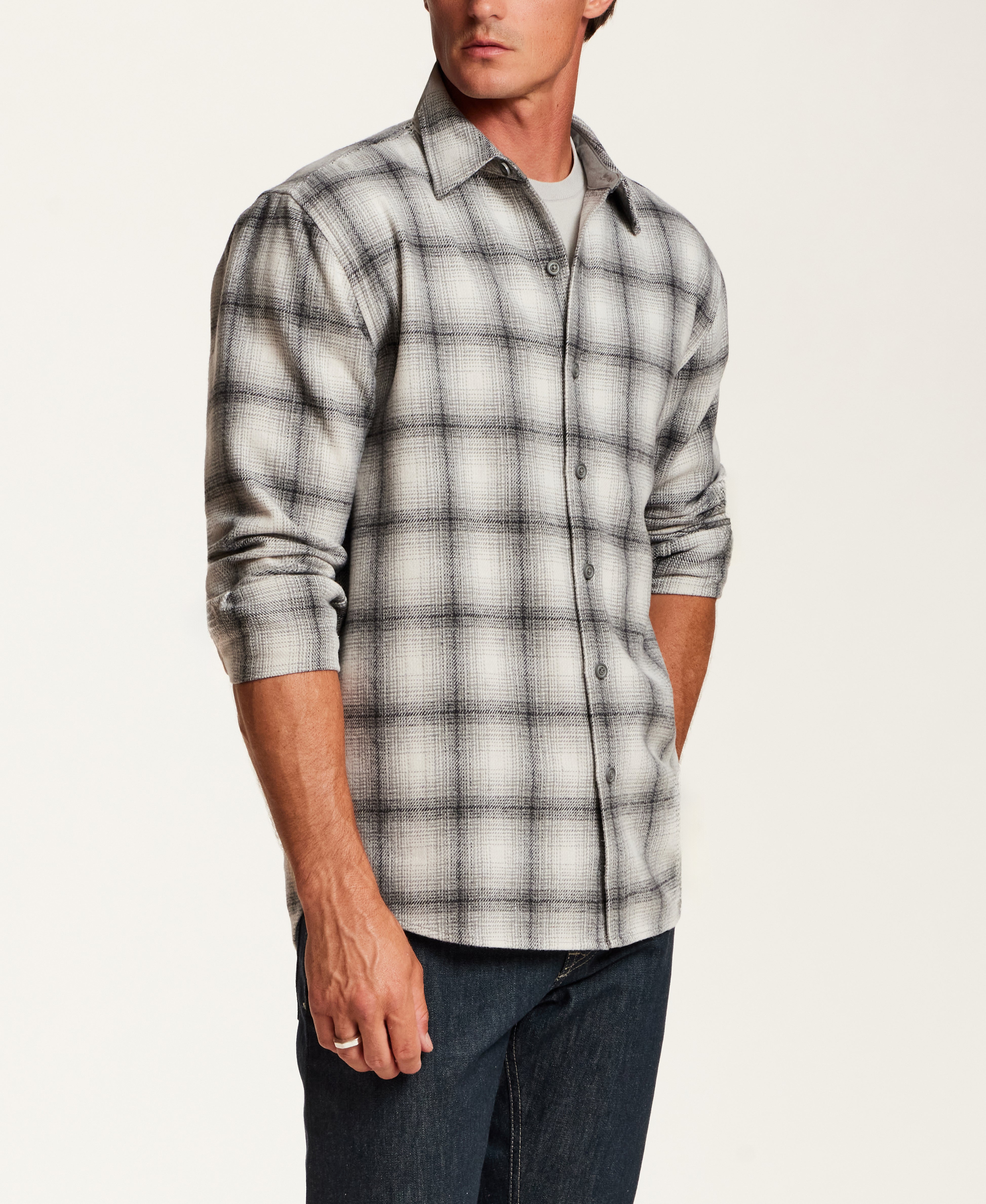 Brushed Plaid Wool-Blend Shirt in Cream