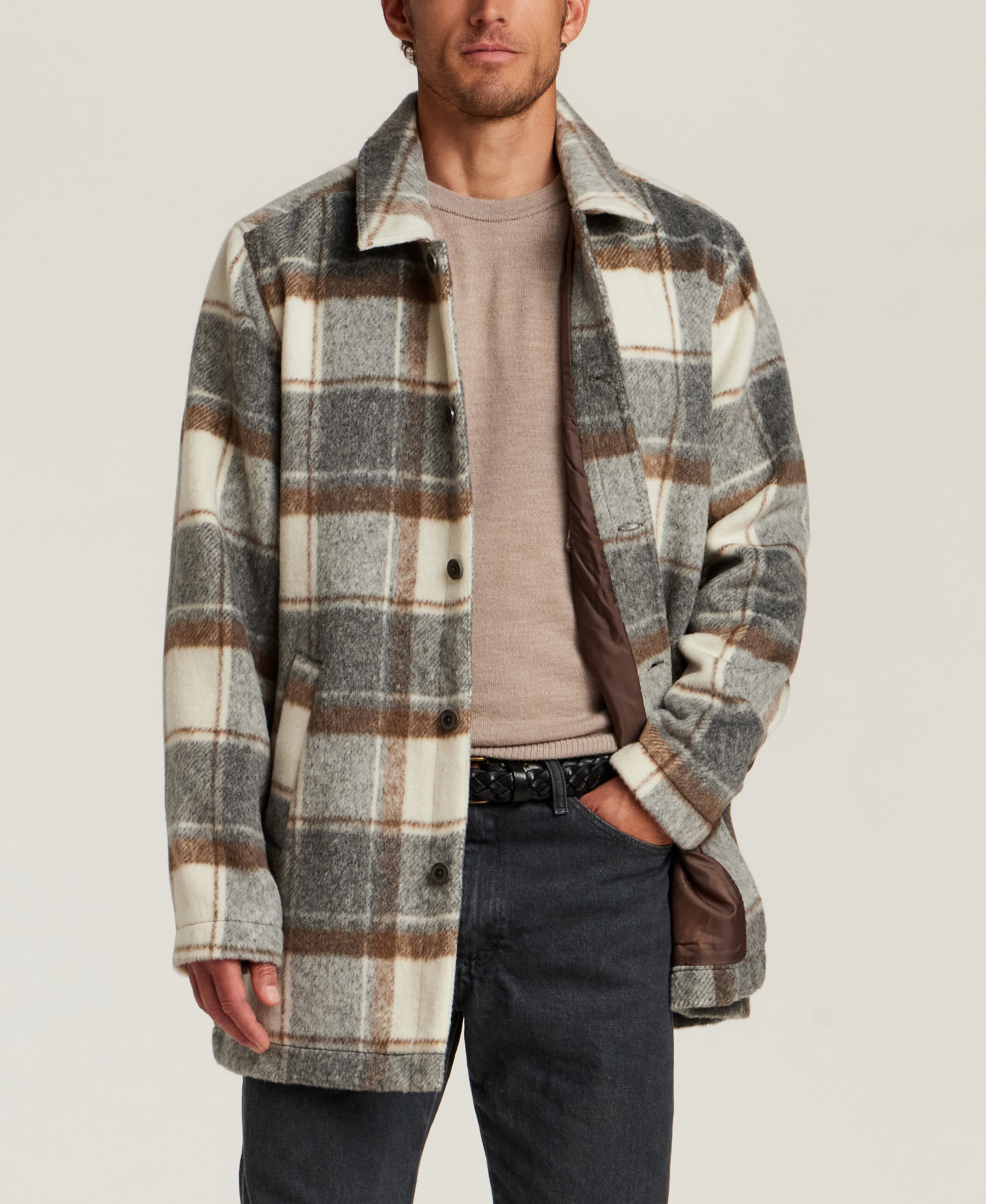 Brushed Plaid Car Coat in Cream