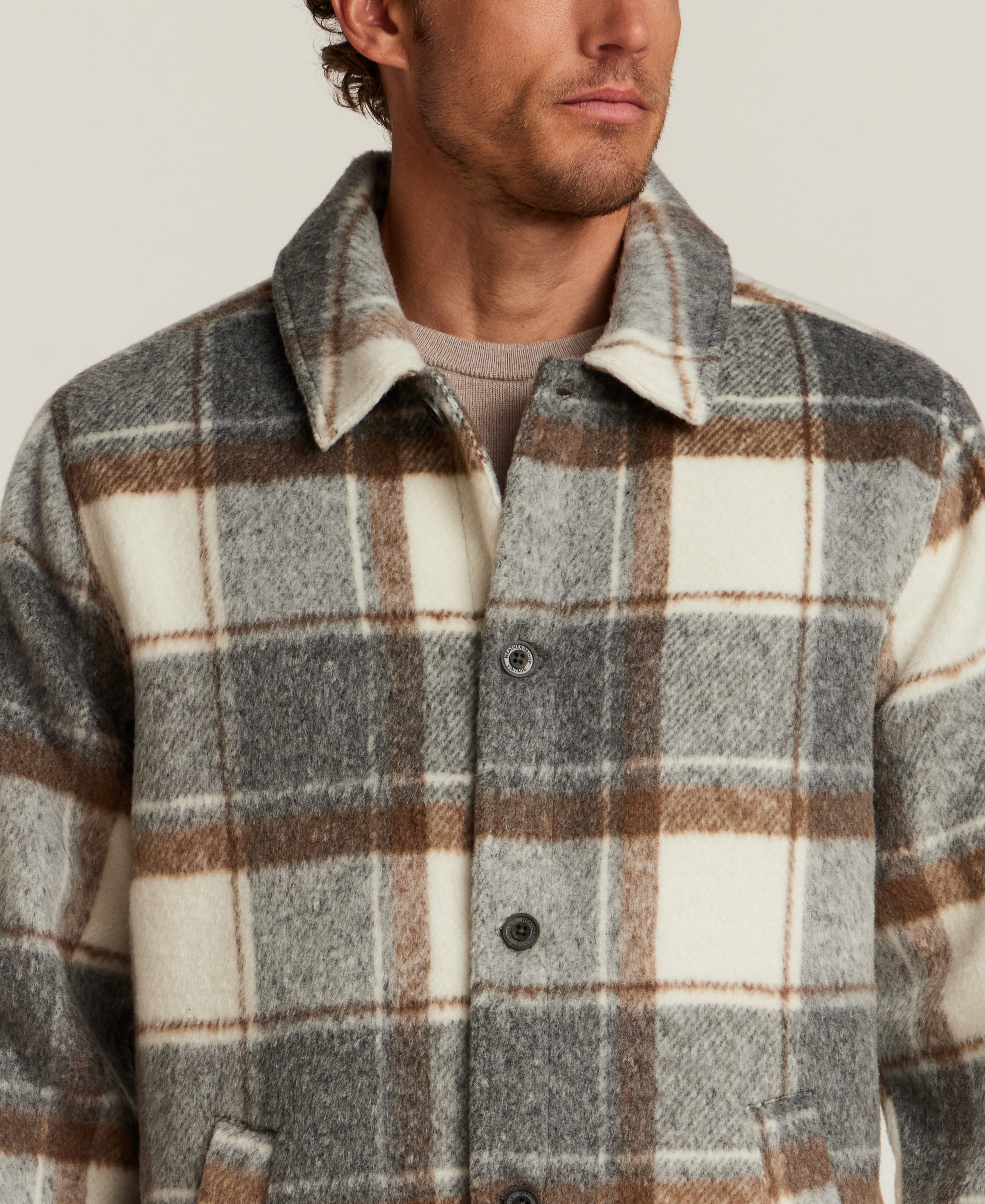 Brushed Plaid Car Coat in Cream