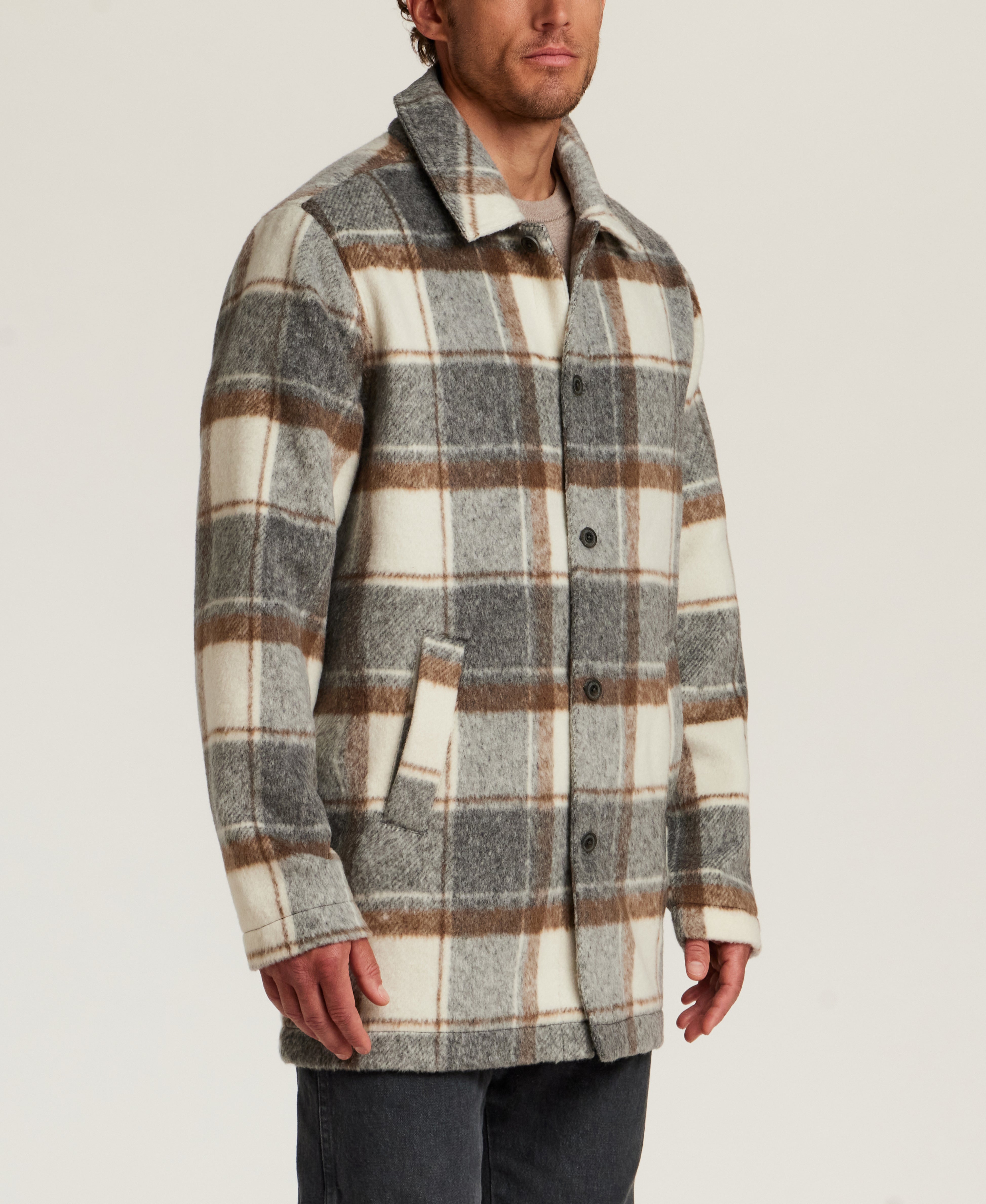 Brushed Plaid Car Coat in Cream