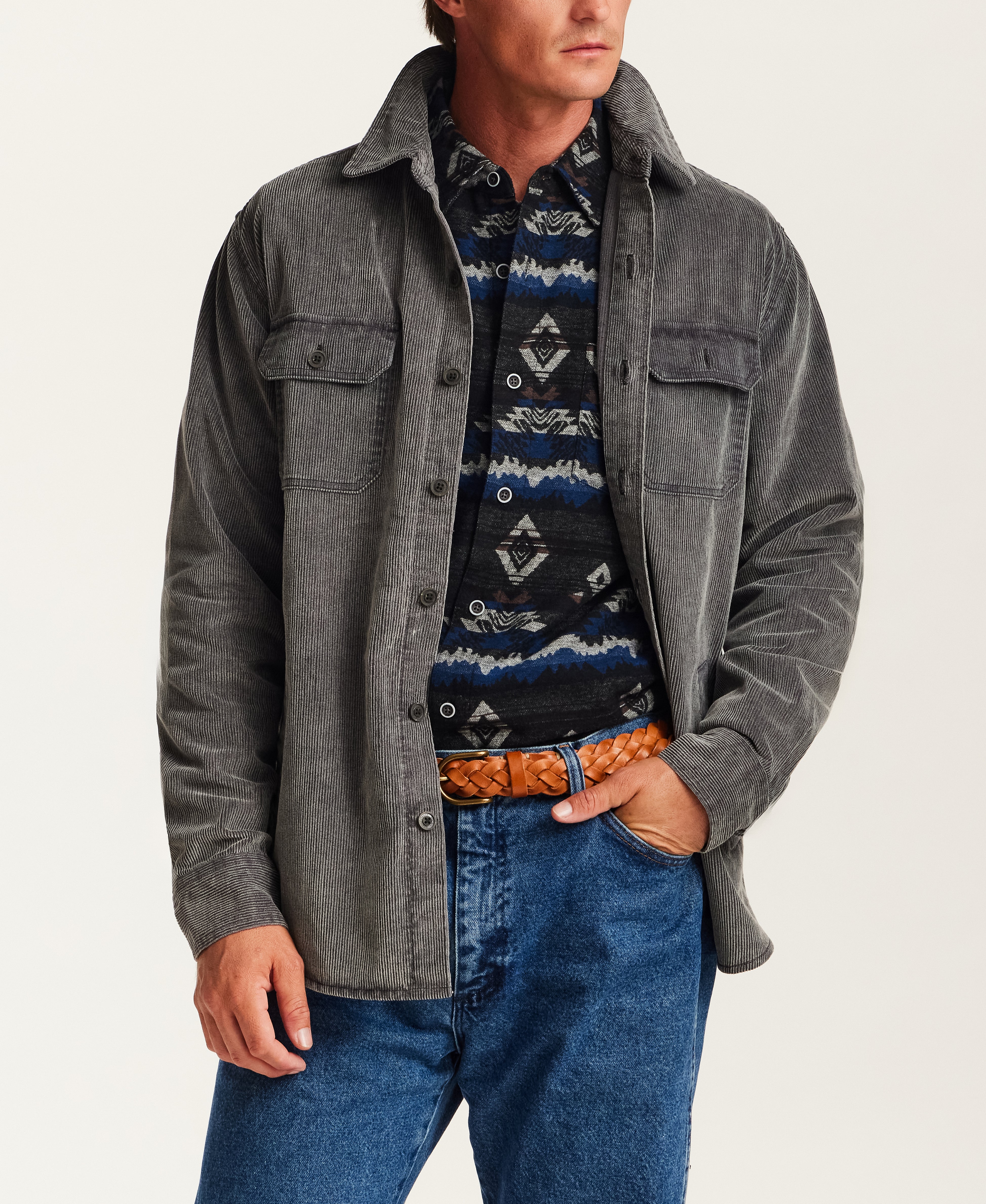 Distressed Corduroy Utility Overshirt in Charcoal