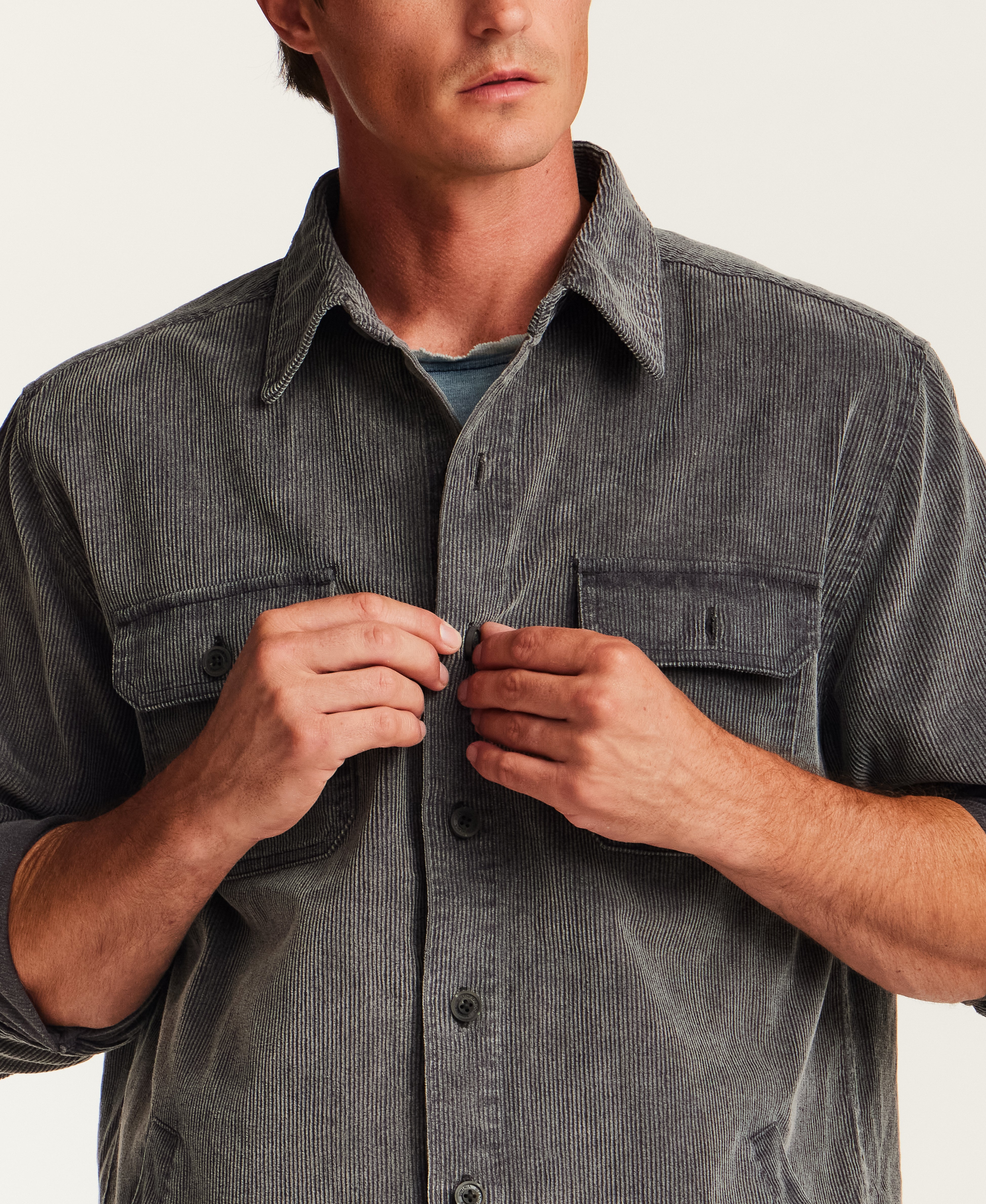 Distressed Corduroy Utility Overshirt in Charcoal