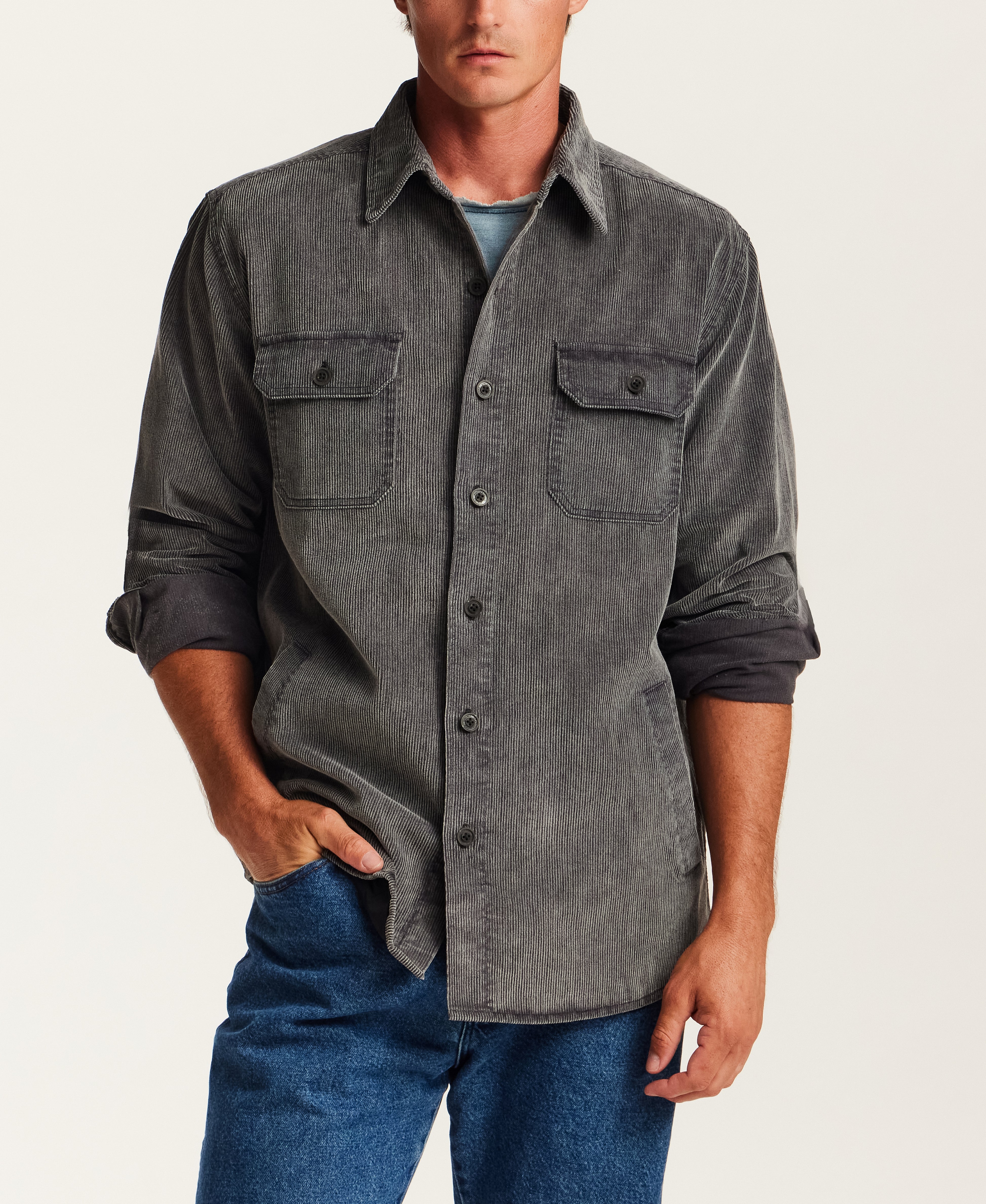 Distressed Corduroy Utility Overshirt in Charcoal