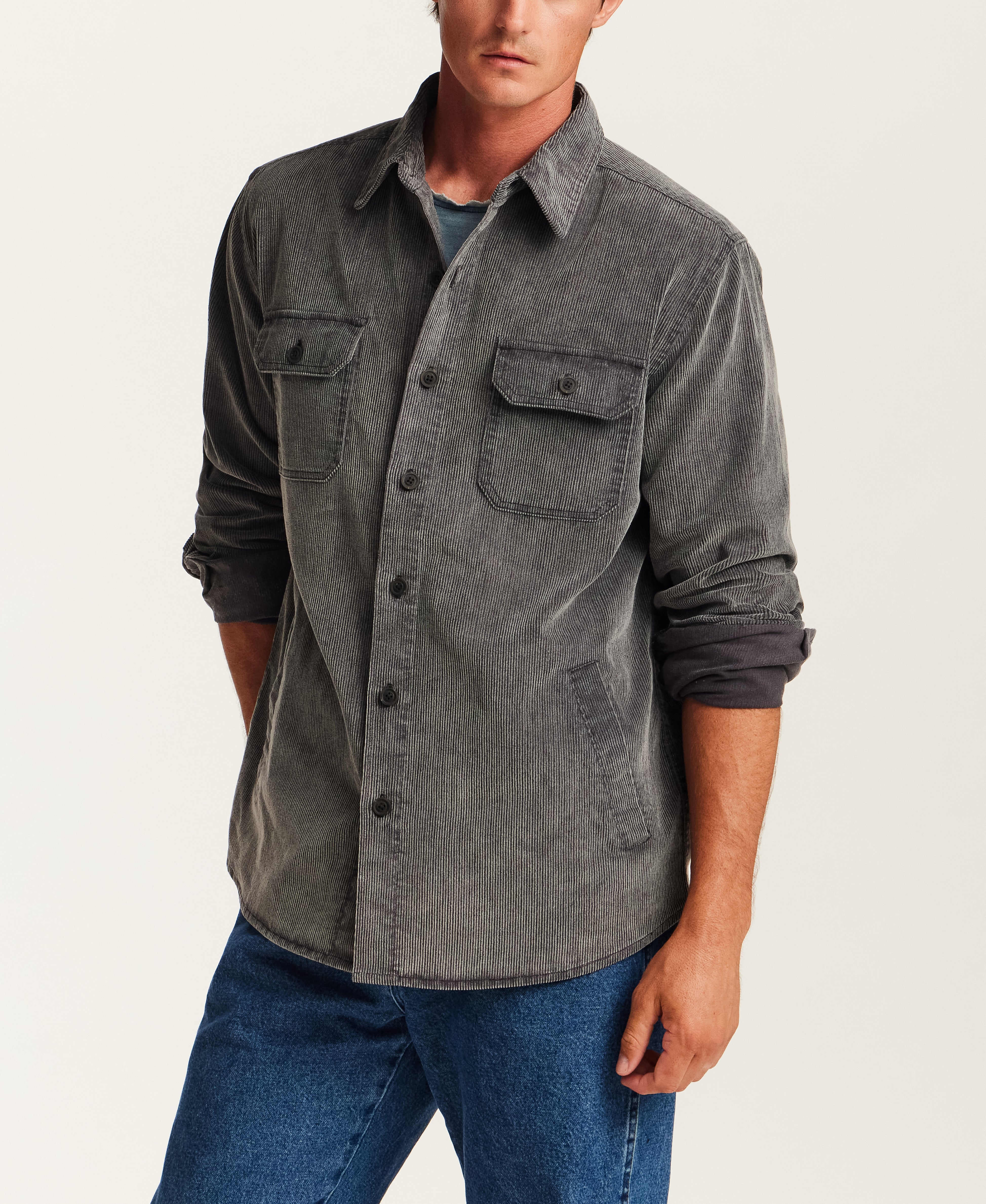 Distressed Corduroy Utility Overshirt in Charcoal
