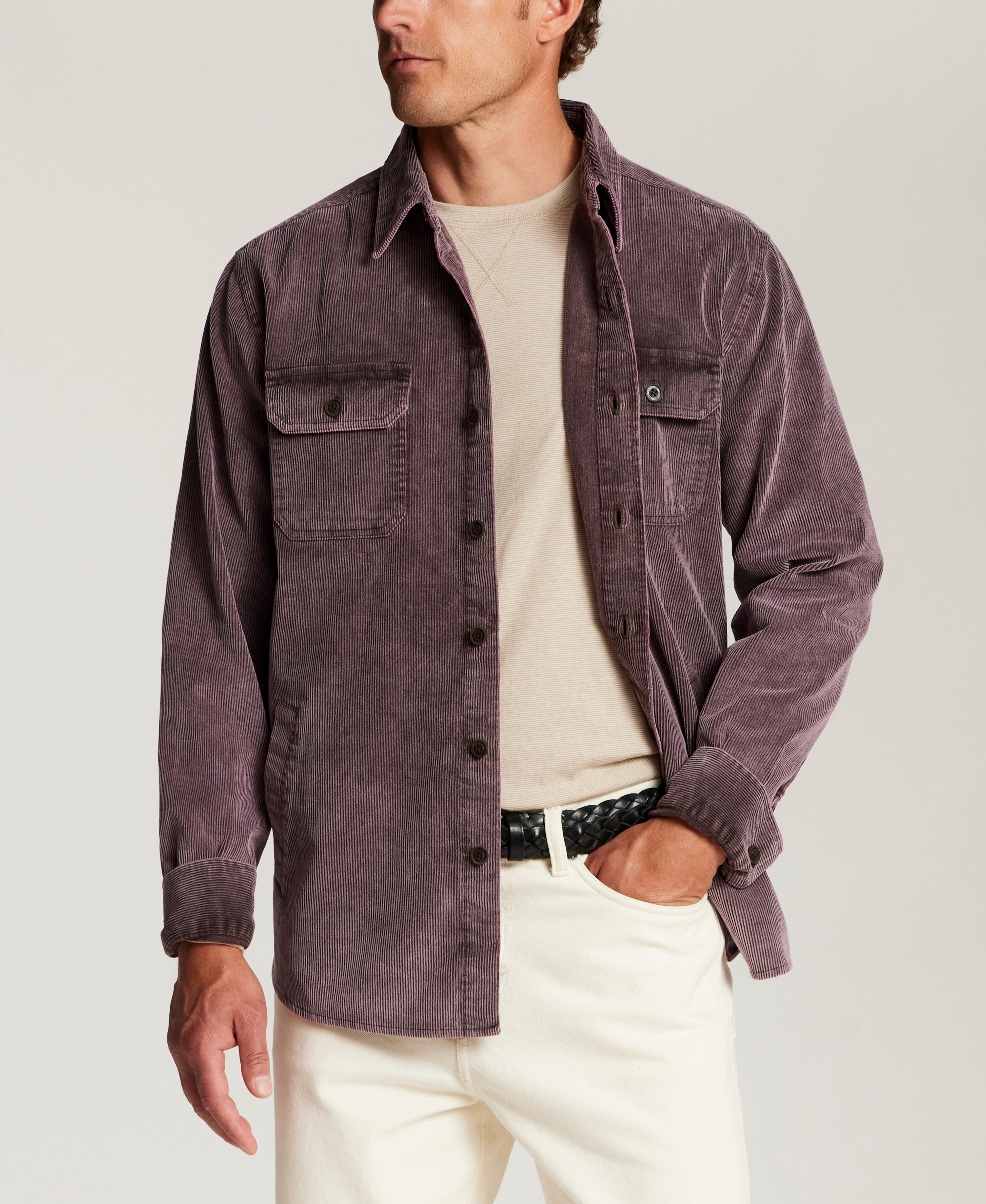 Distressed Corduroy Utility Overshirt in Dark Mauve