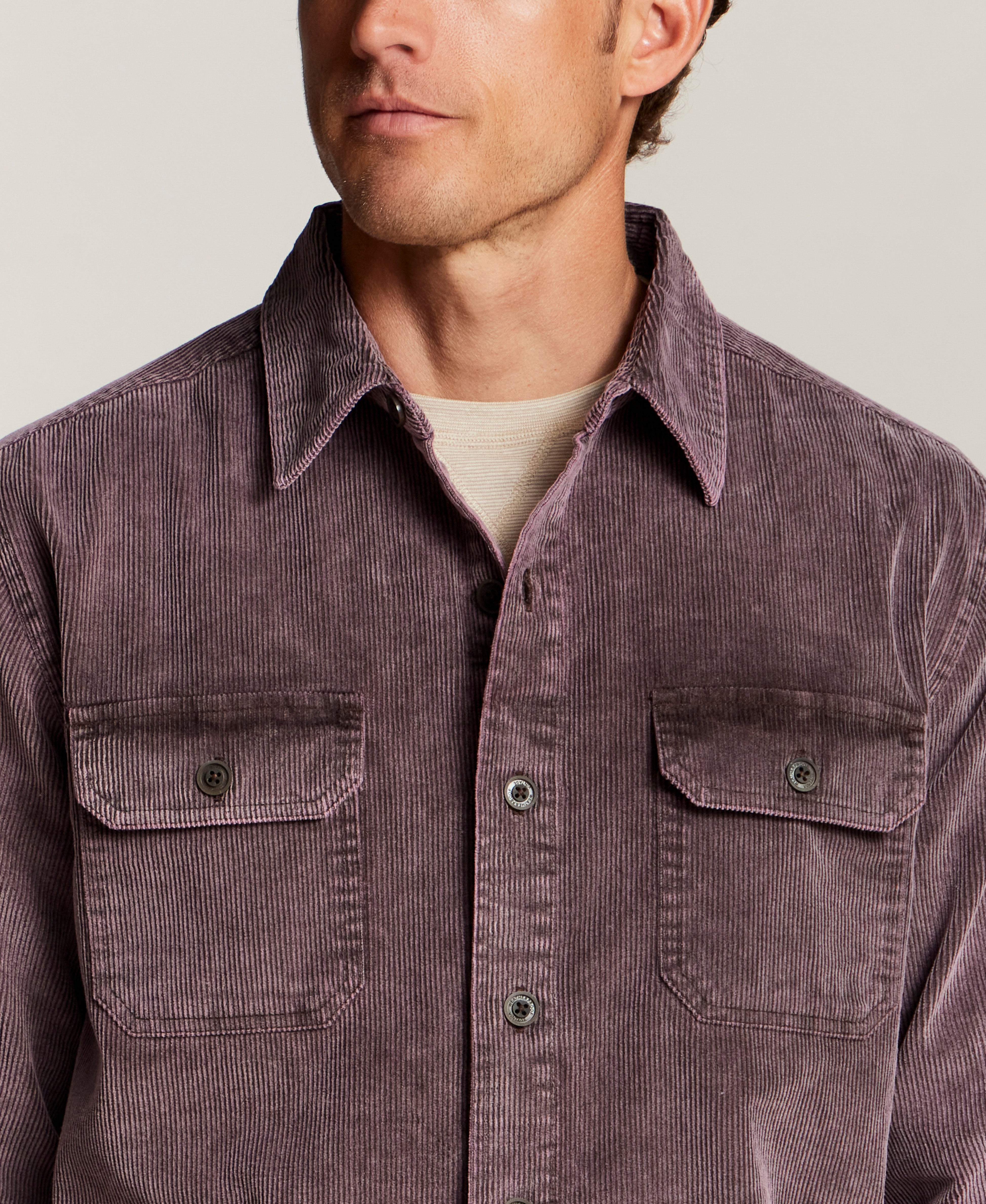 Distressed Corduroy Utility Overshirt in Dark Mauve