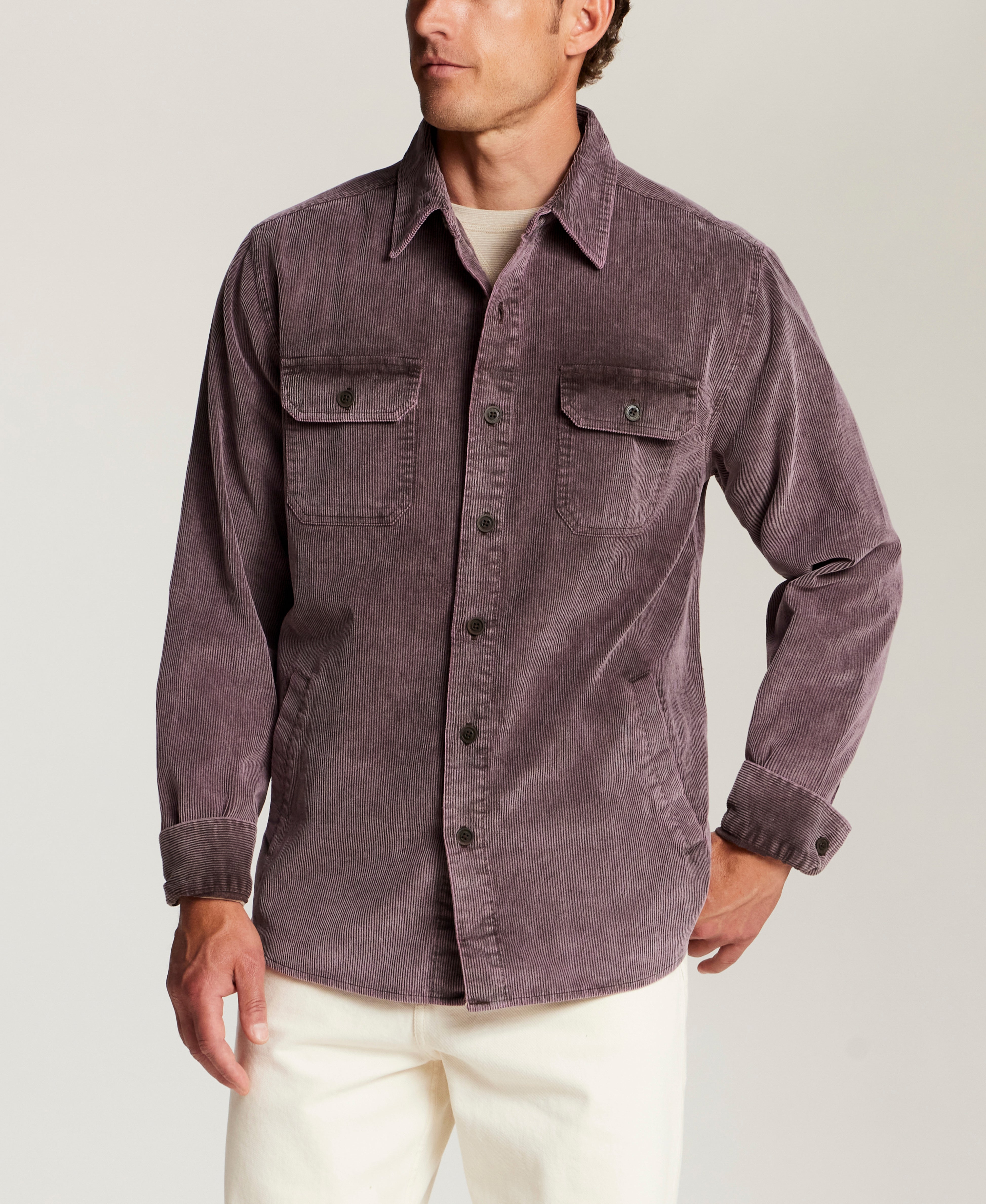 Distressed Corduroy Utility Overshirt in Dark Mauve