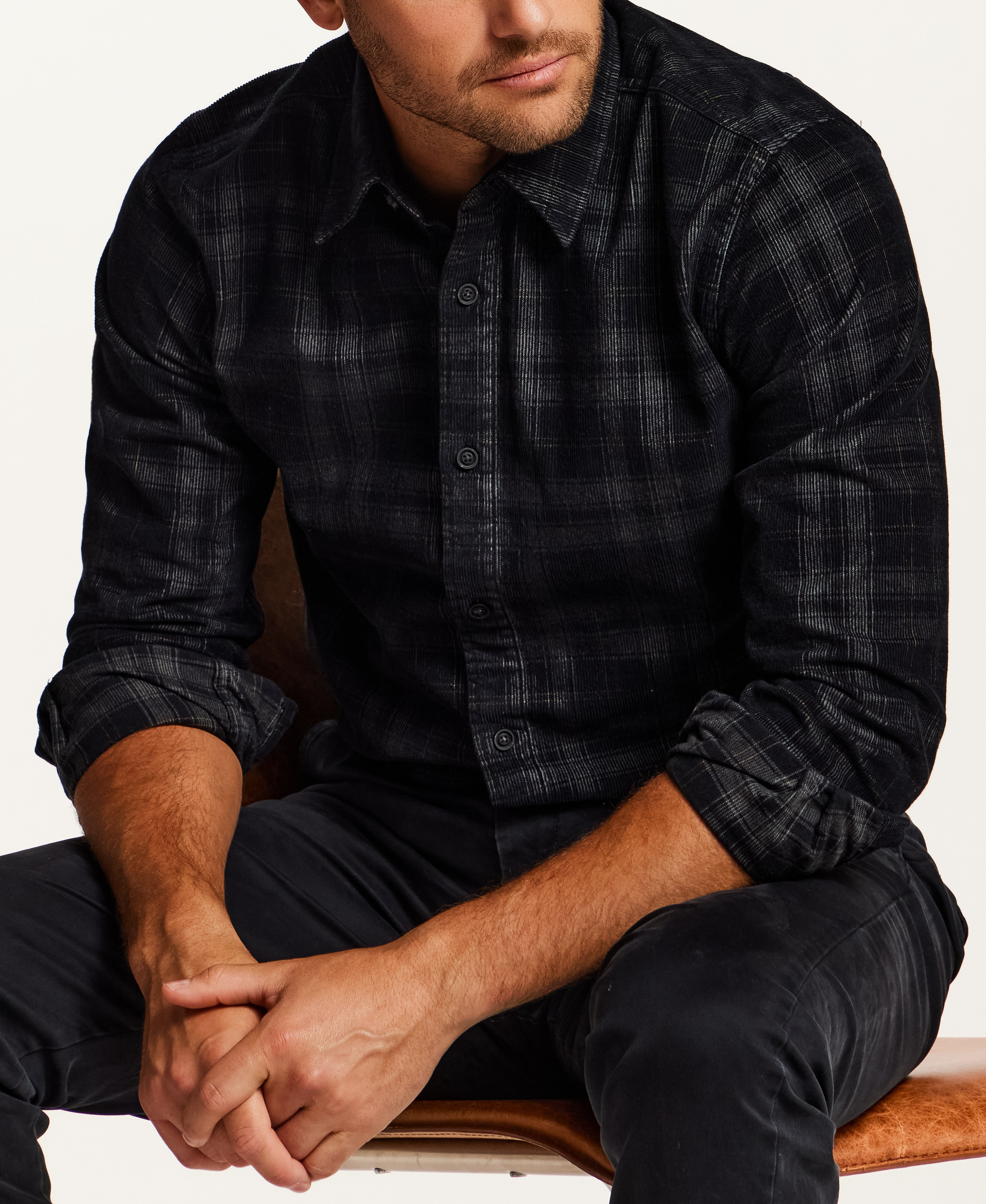 Plaid Corduroy Button-Down Shirt in Black