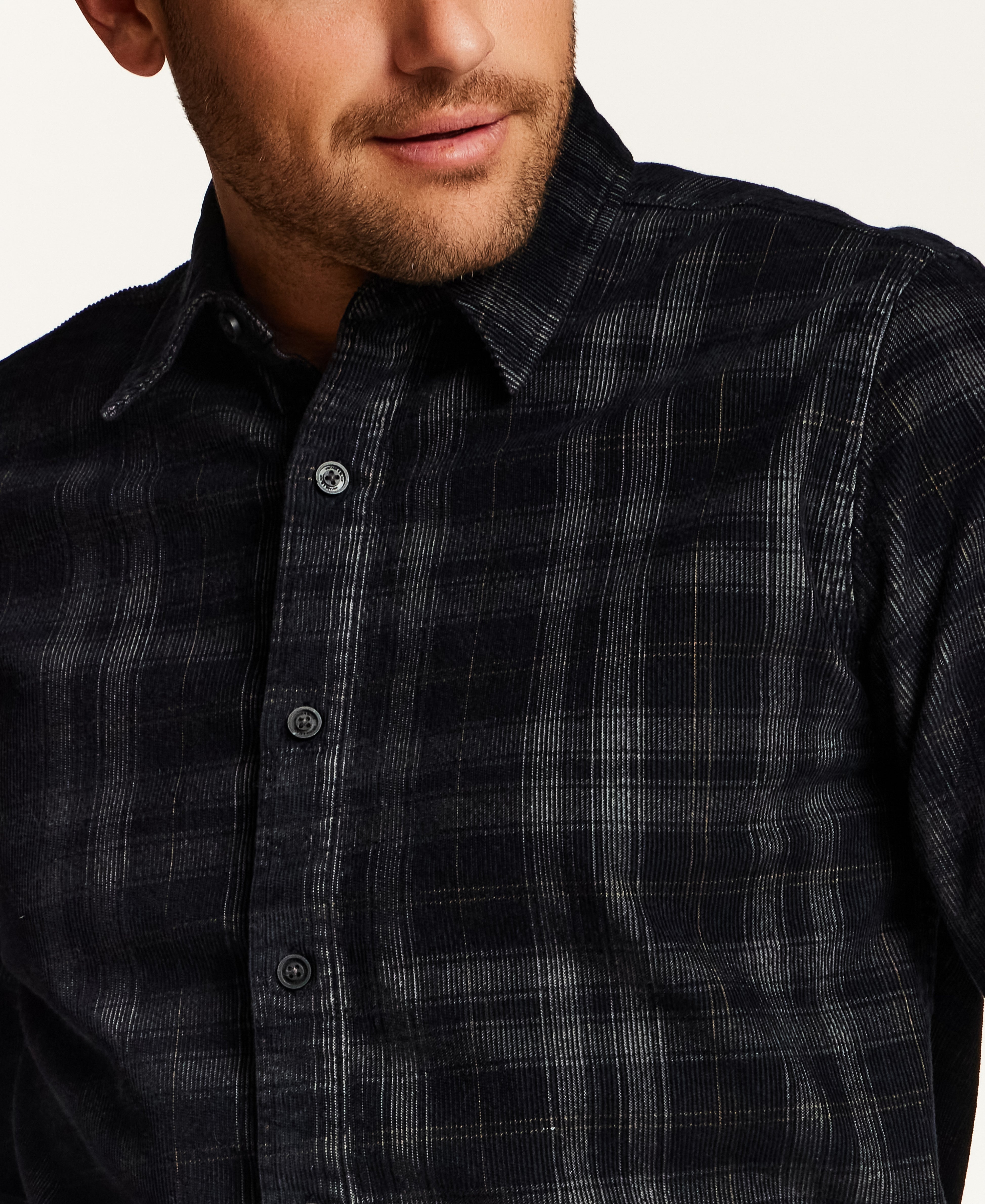 Plaid Corduroy Button-Down Shirt in Black
