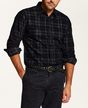 Plaid Corduroy Button-Down Shirt in Black