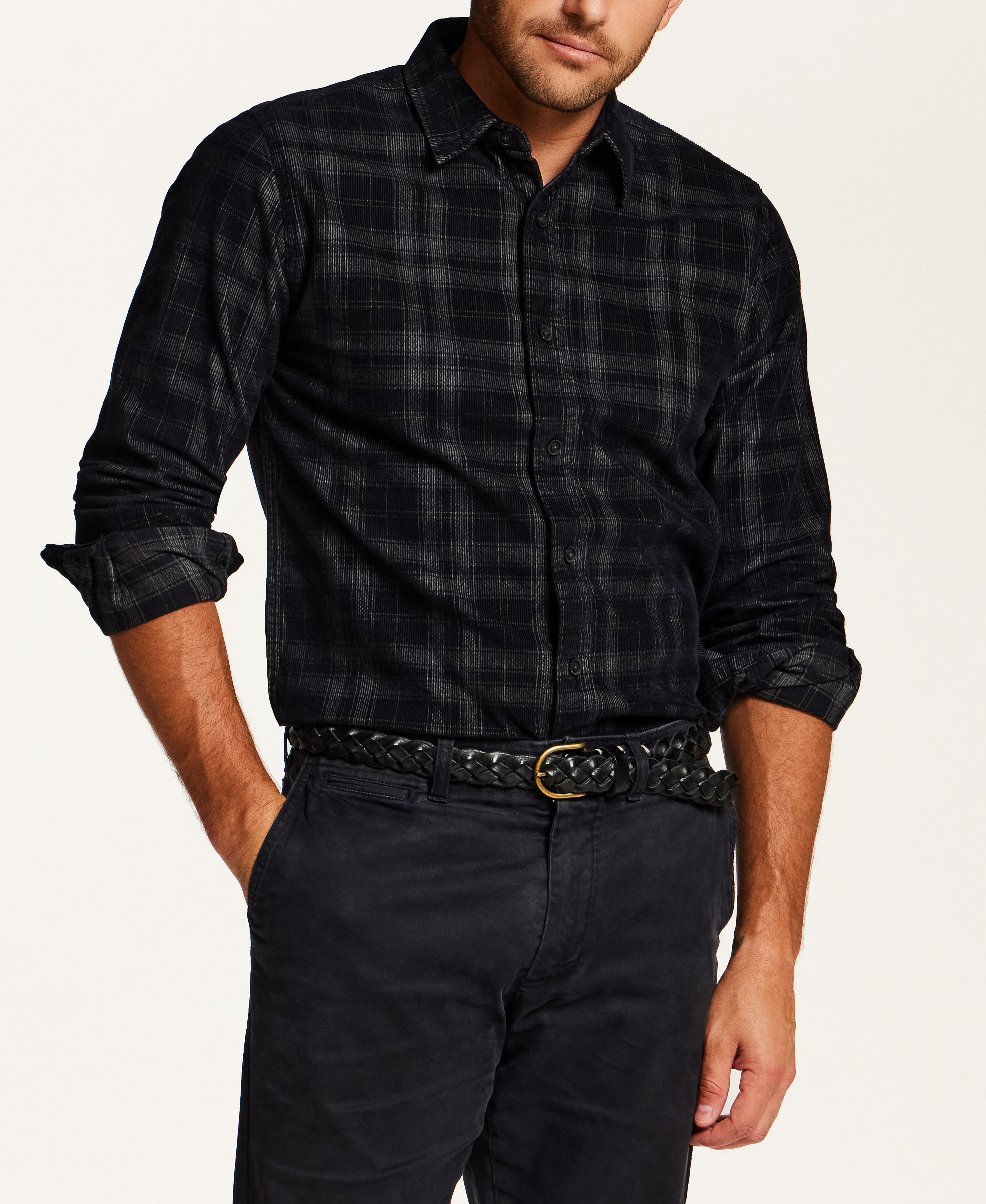 Plaid Corduroy Button-Down Shirt in Black