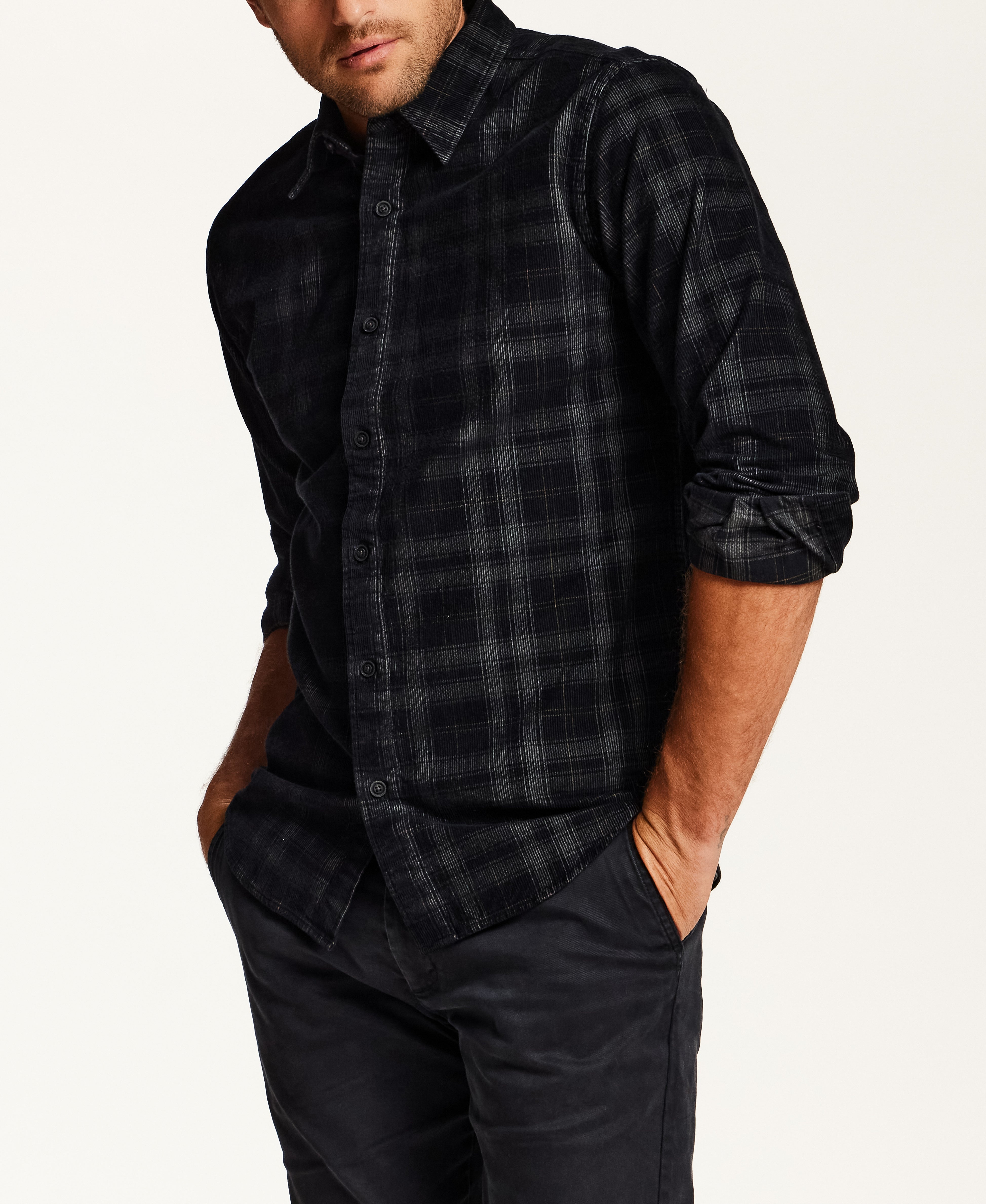 Plaid Corduroy Button-Down Shirt in Black