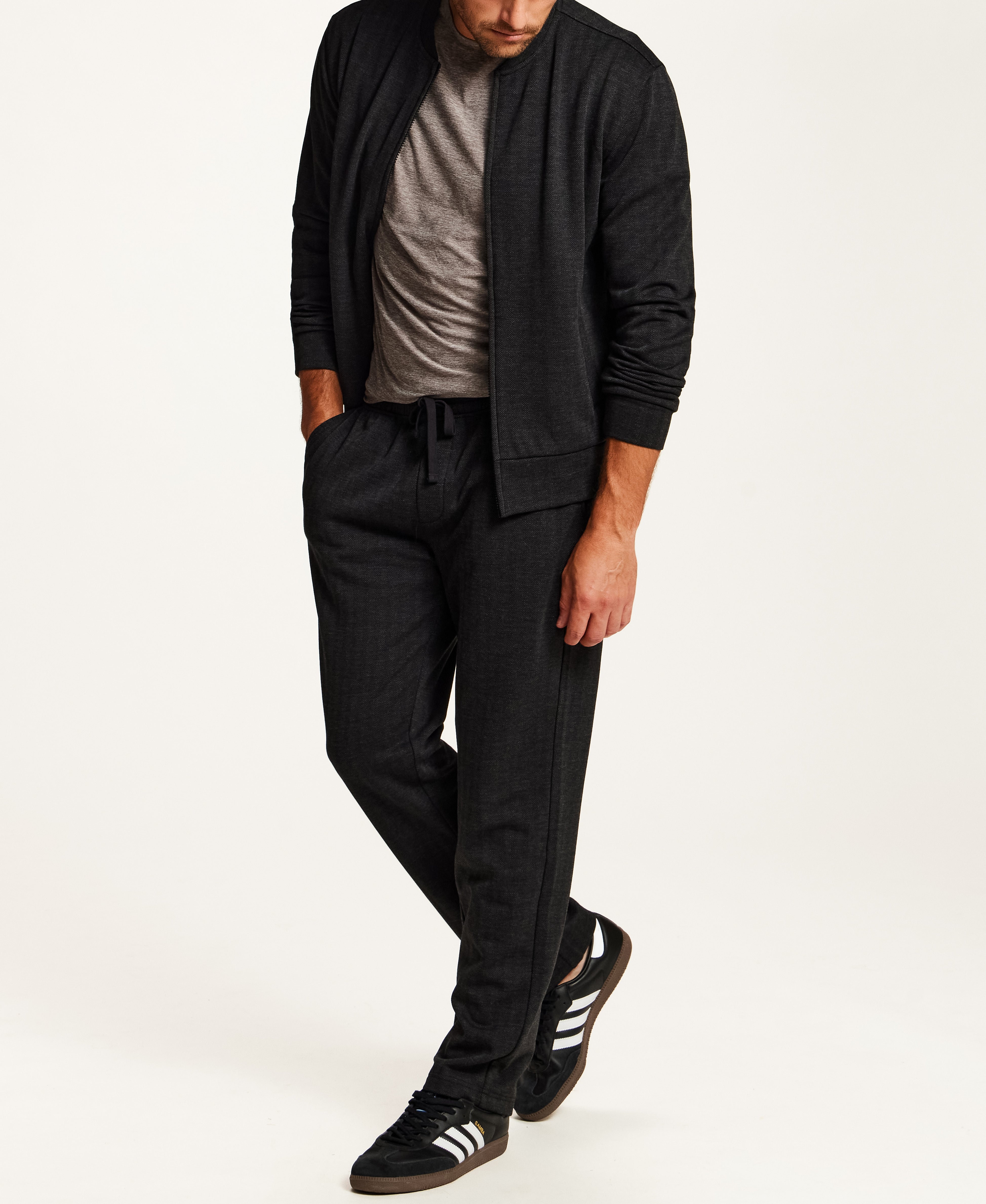 Herringbone Full Zip Bomber Jacket in Black