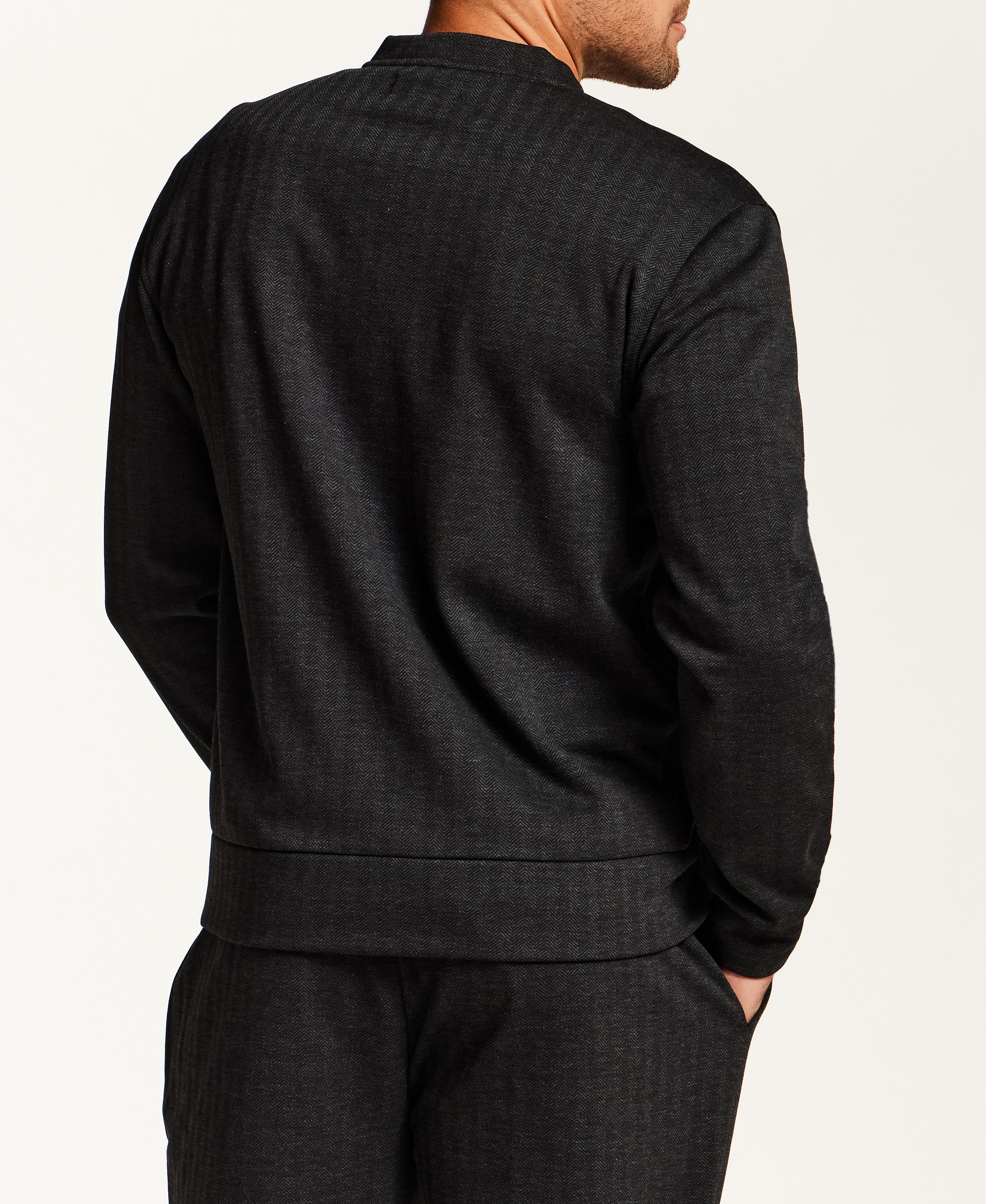 Herringbone Full Zip Bomber Jacket in Black