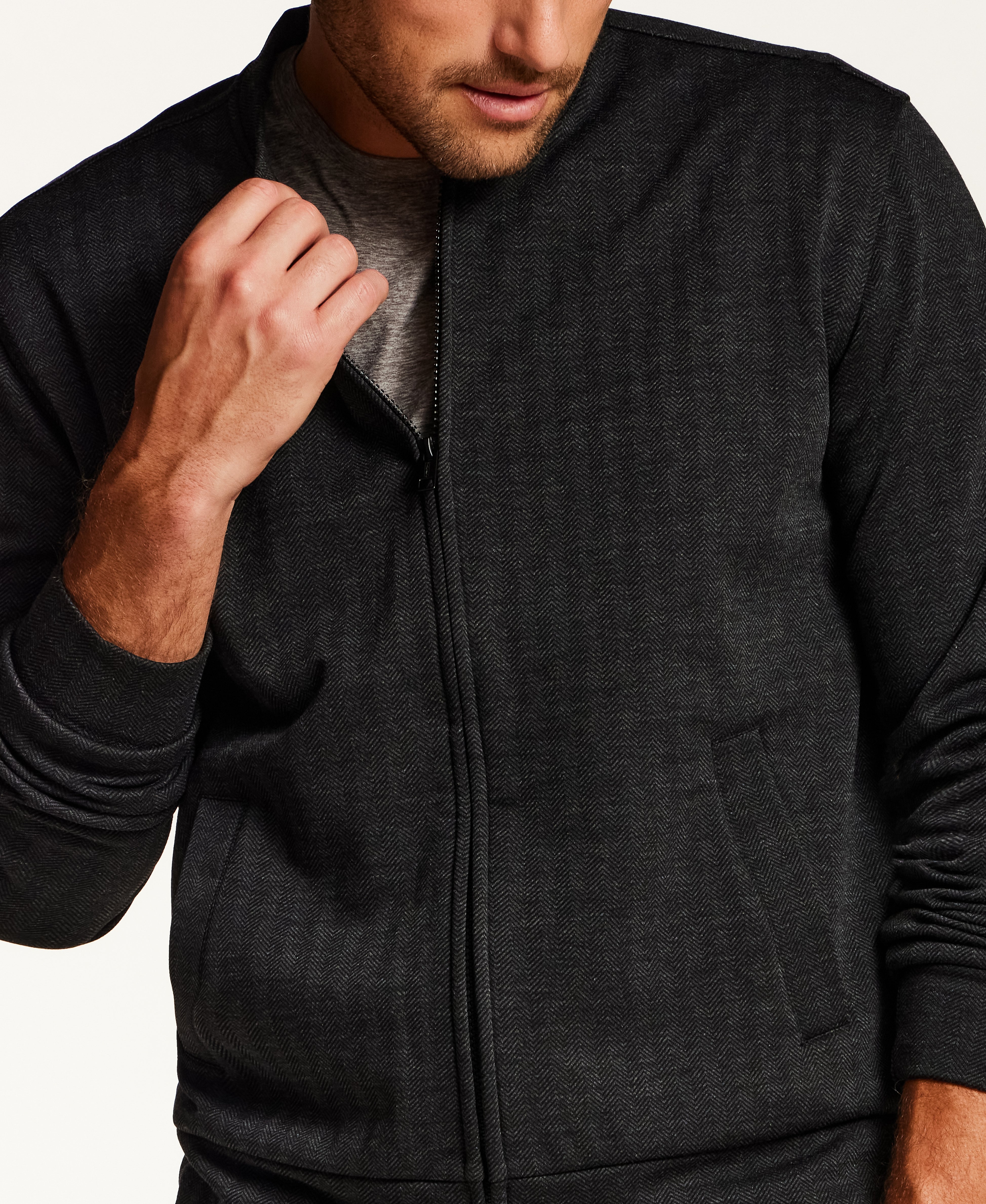 Herringbone Full Zip Bomber Jacket in Black