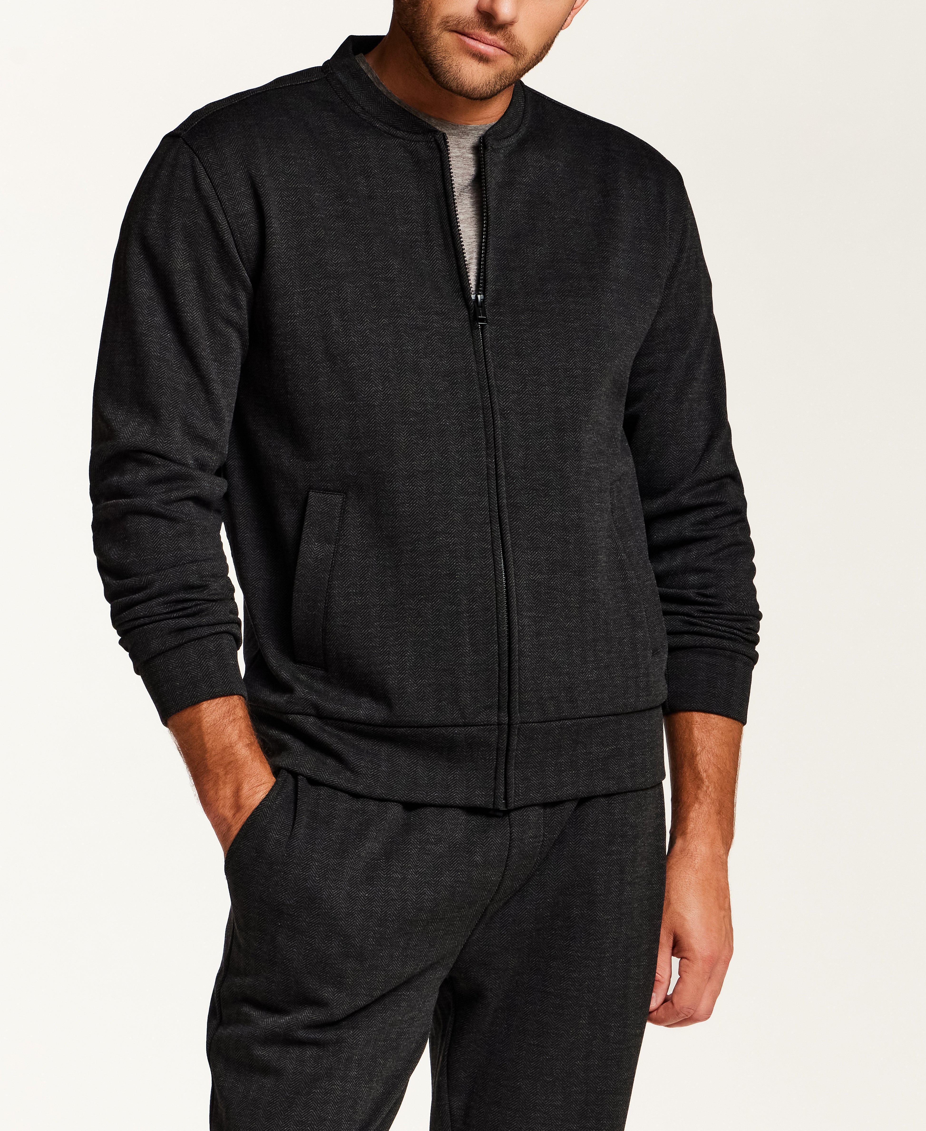 Herringbone Full Zip Bomber Jacket in Black